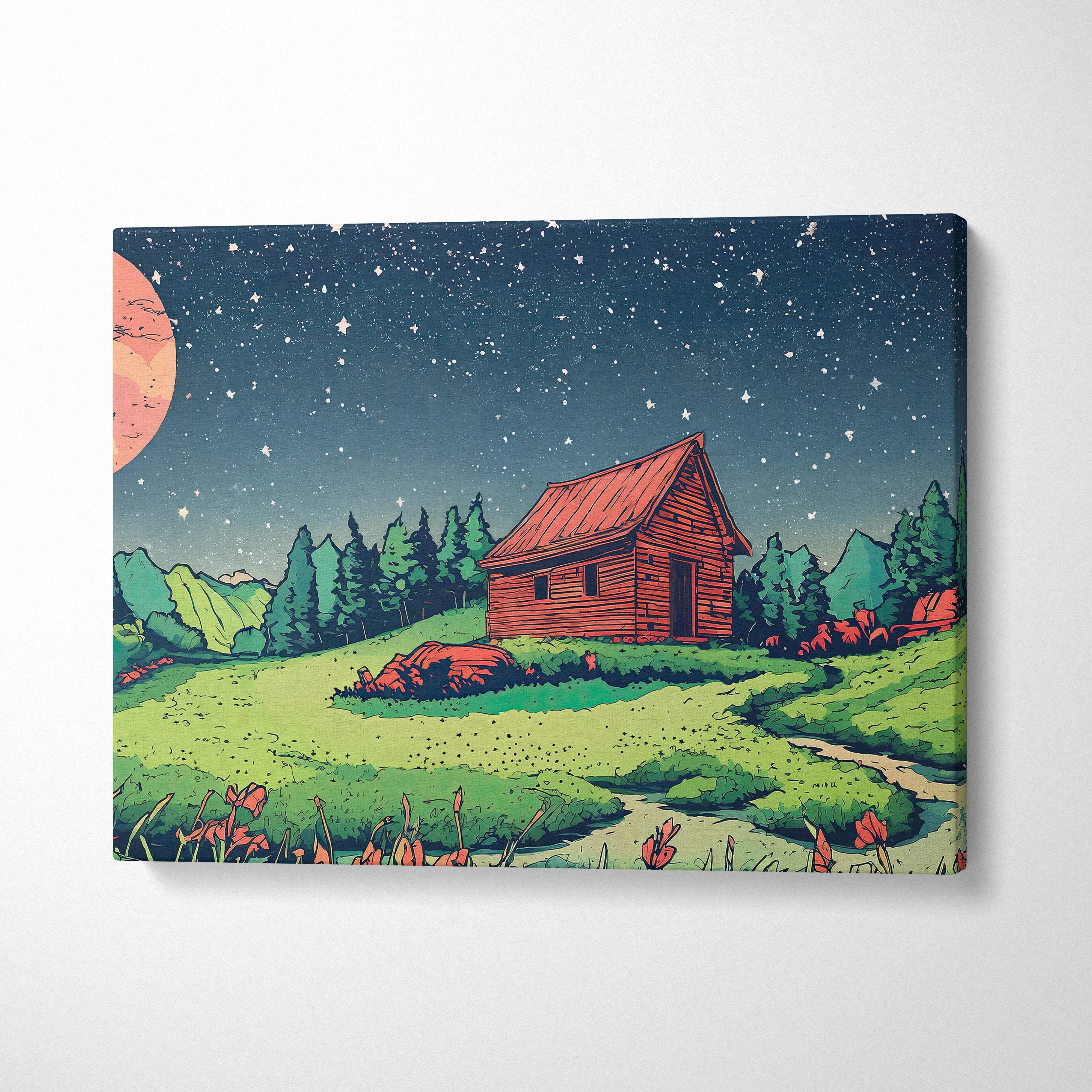Whimsical moonlit red cabin in green meadow canvas art with starry sky