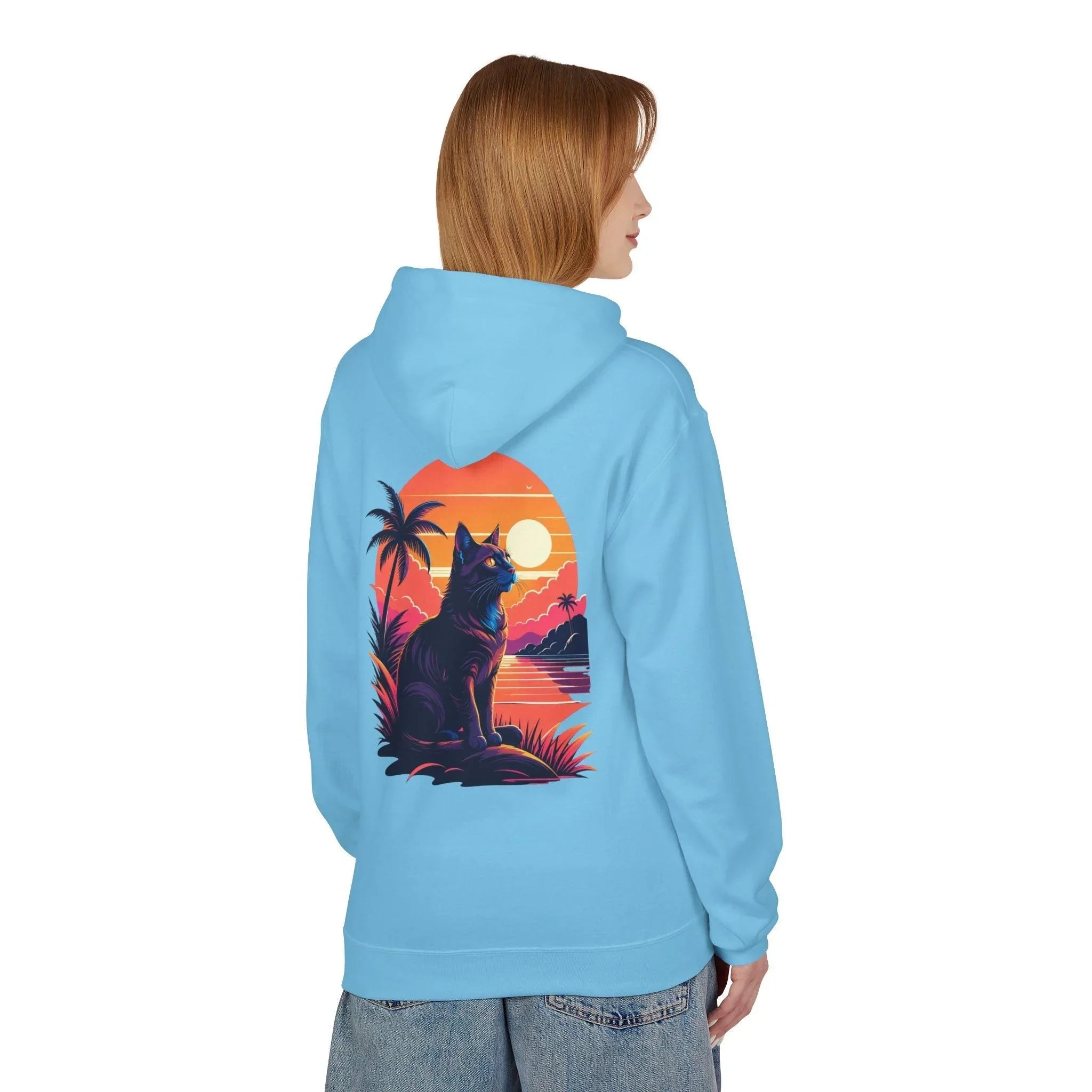 Cozy Cat Lover's Retro Sunset Fleece Hoodie