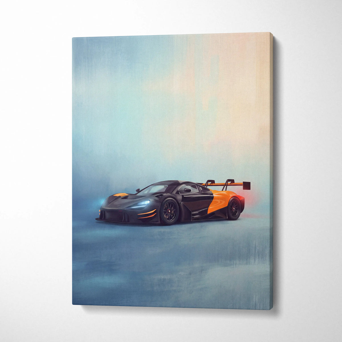 Mclaren 720s gt3 evo inspired black and orange sports car canvas art print custom car wall decor