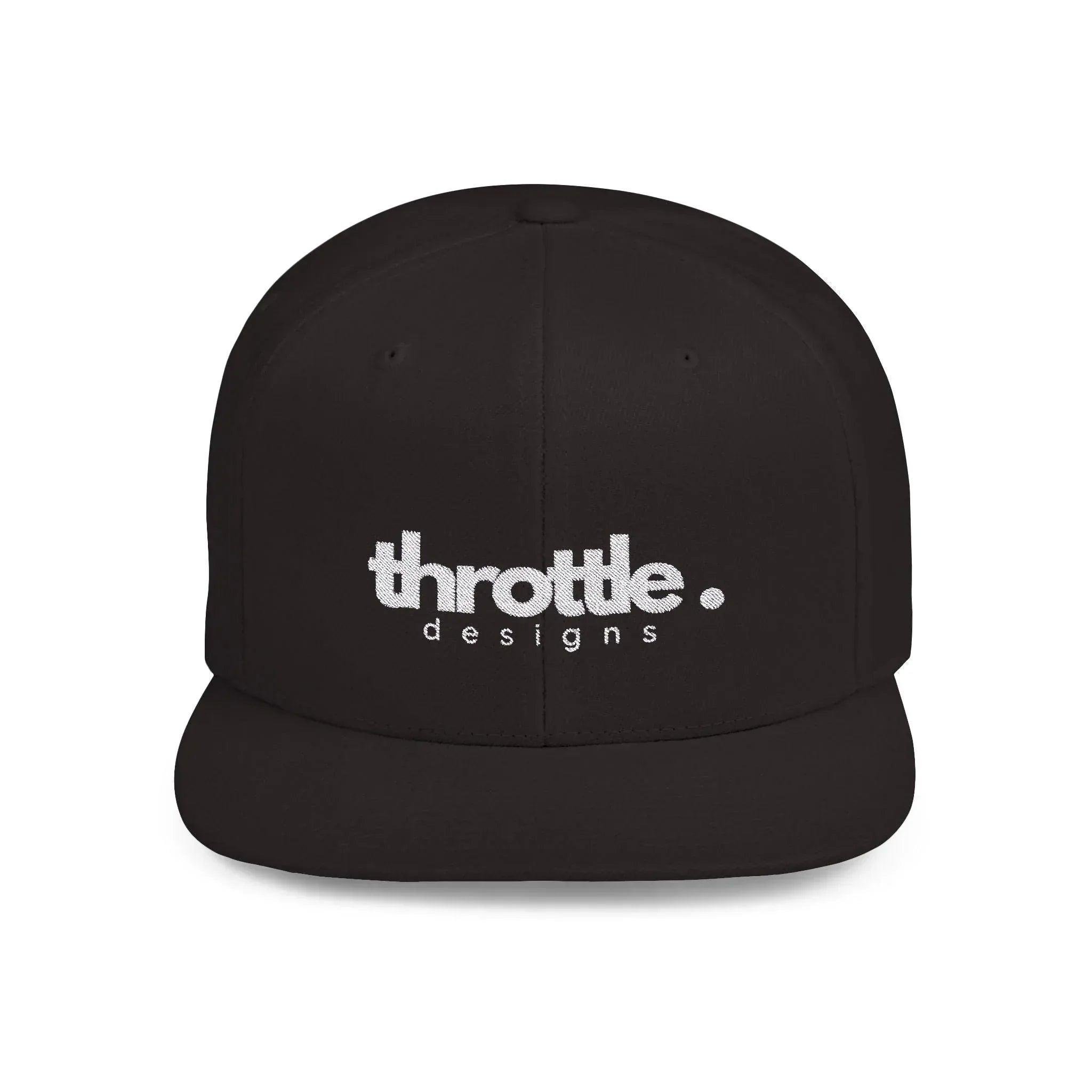 Black flat bill snapback cap with white "throttle designs" logo, canvas texture visible.