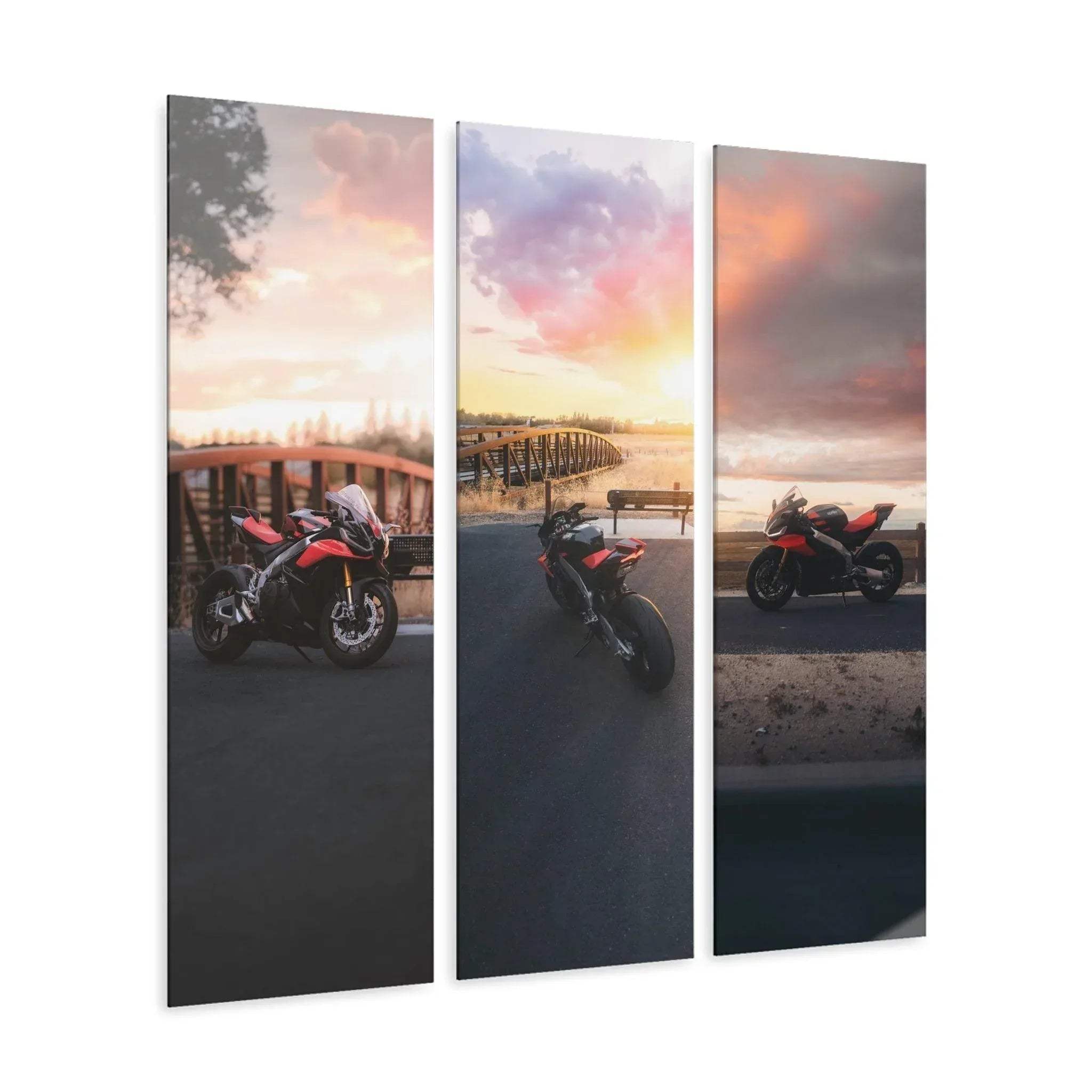 Three-piece vertical acrylic canvas wall art featuring Aprilia RSV4 1100 Factory motorcycle at sunset.