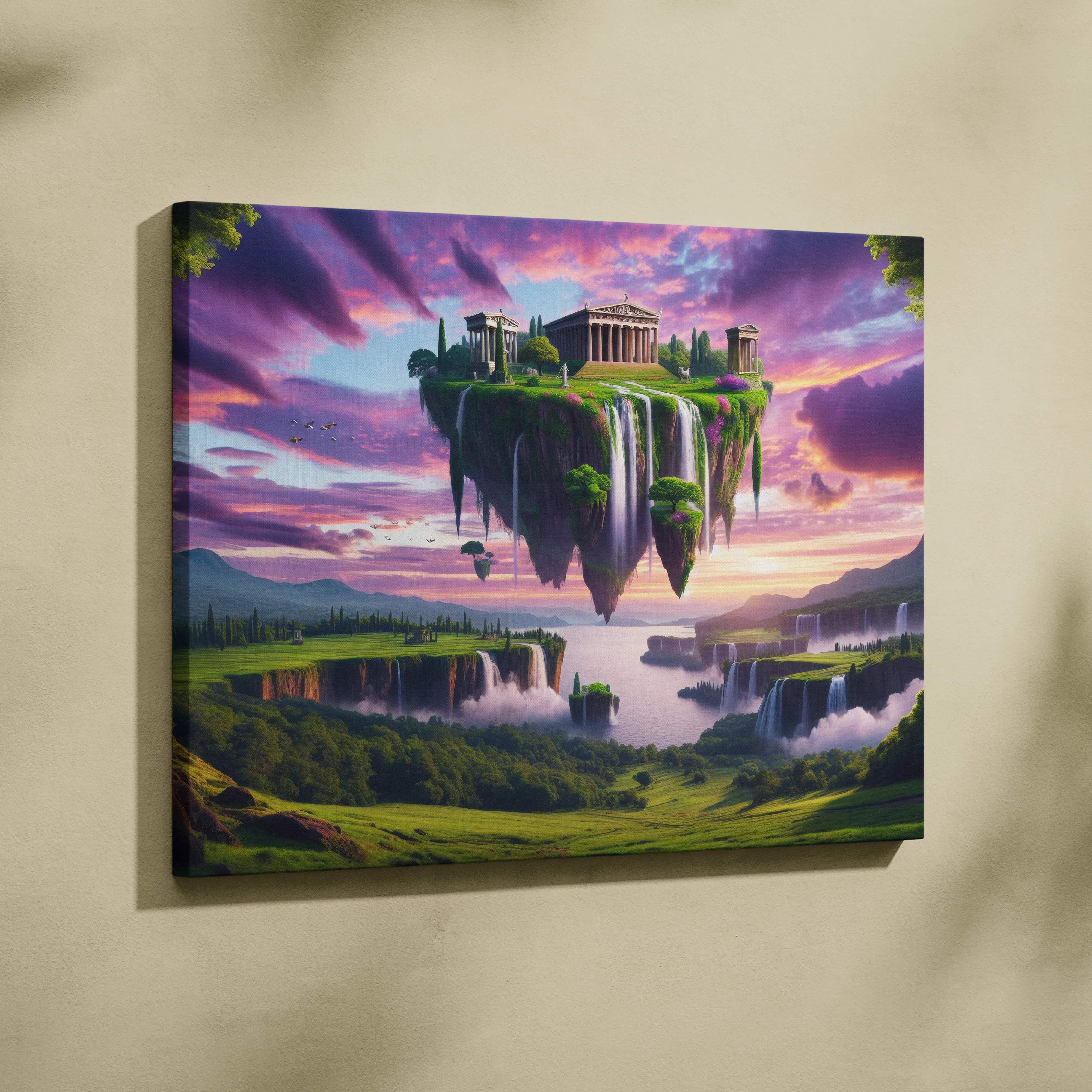 Elysium Aloft floating island canvas art with temple and waterfalls
