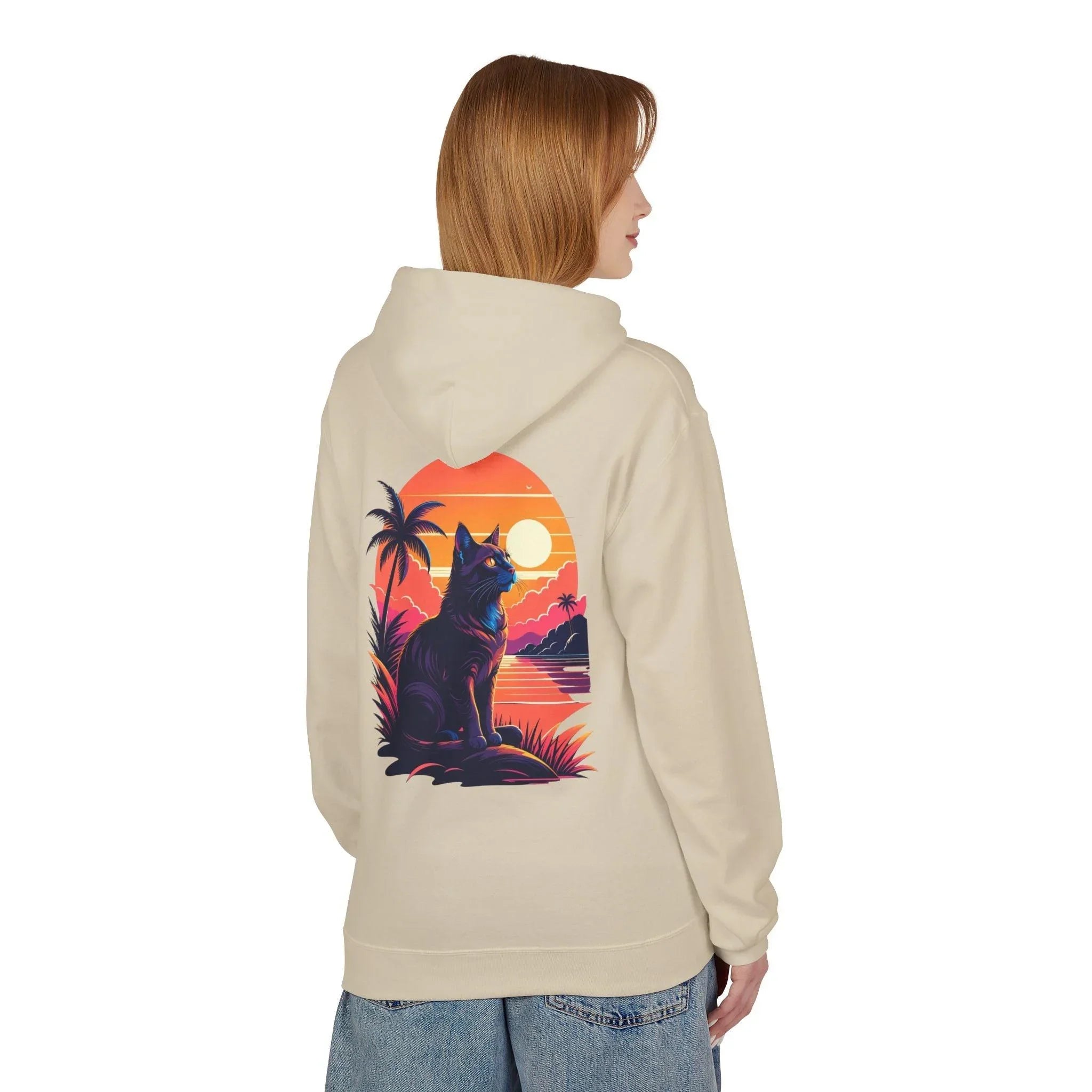 Cozy Cat Lover's Retro Sunset Fleece Hoodie