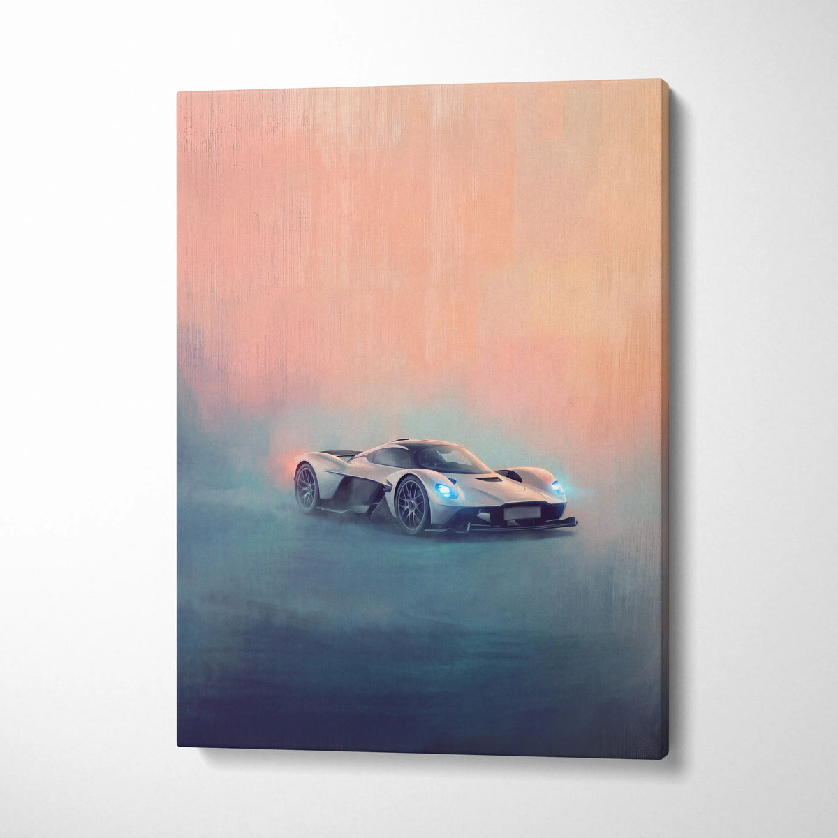 Aston Martin Valkyrie AMR Pro inspired white sports car canvas painting with glowing blue headlights in misty track setting