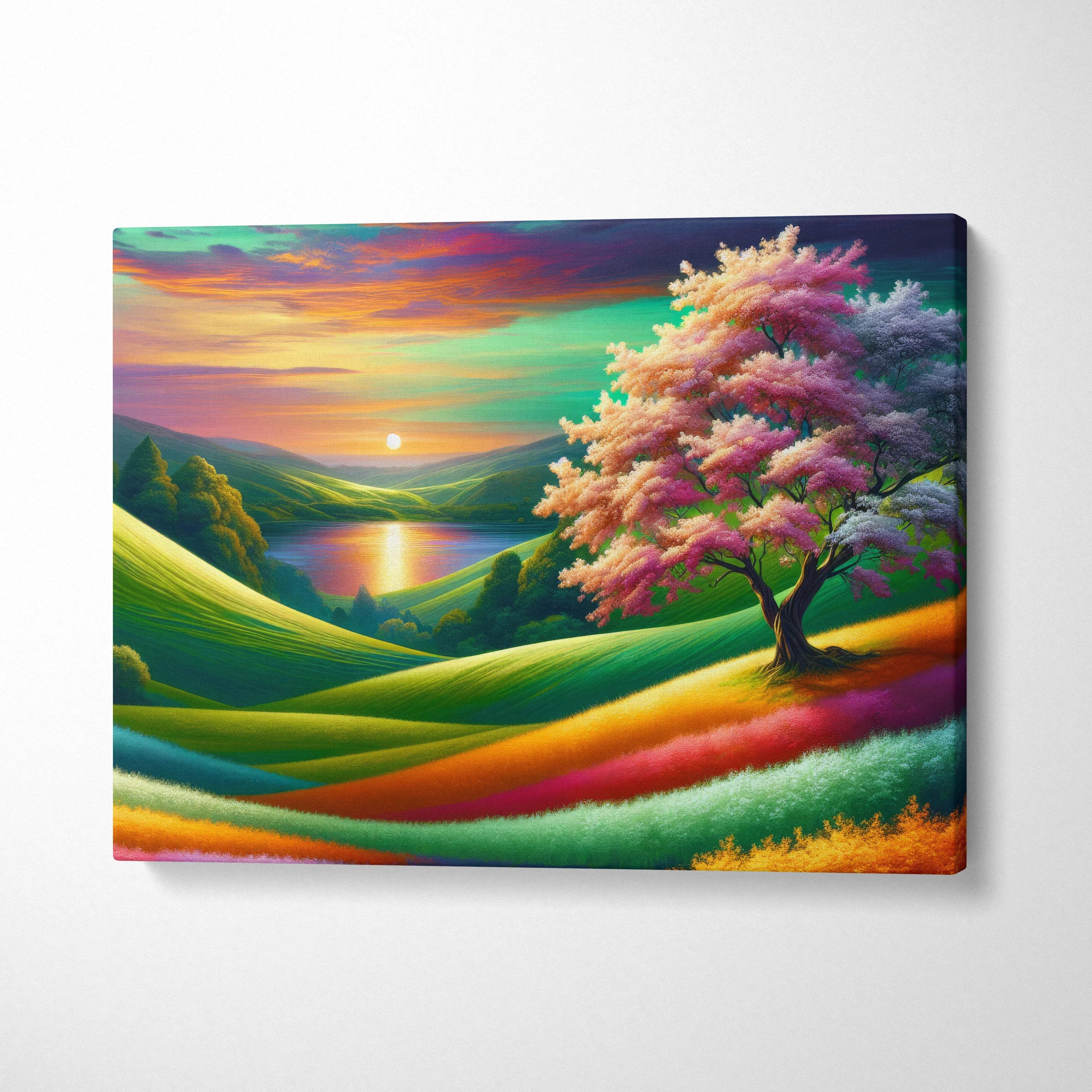 Solitary pink blossom tree on rainbow hills at sunset over lake canvas art