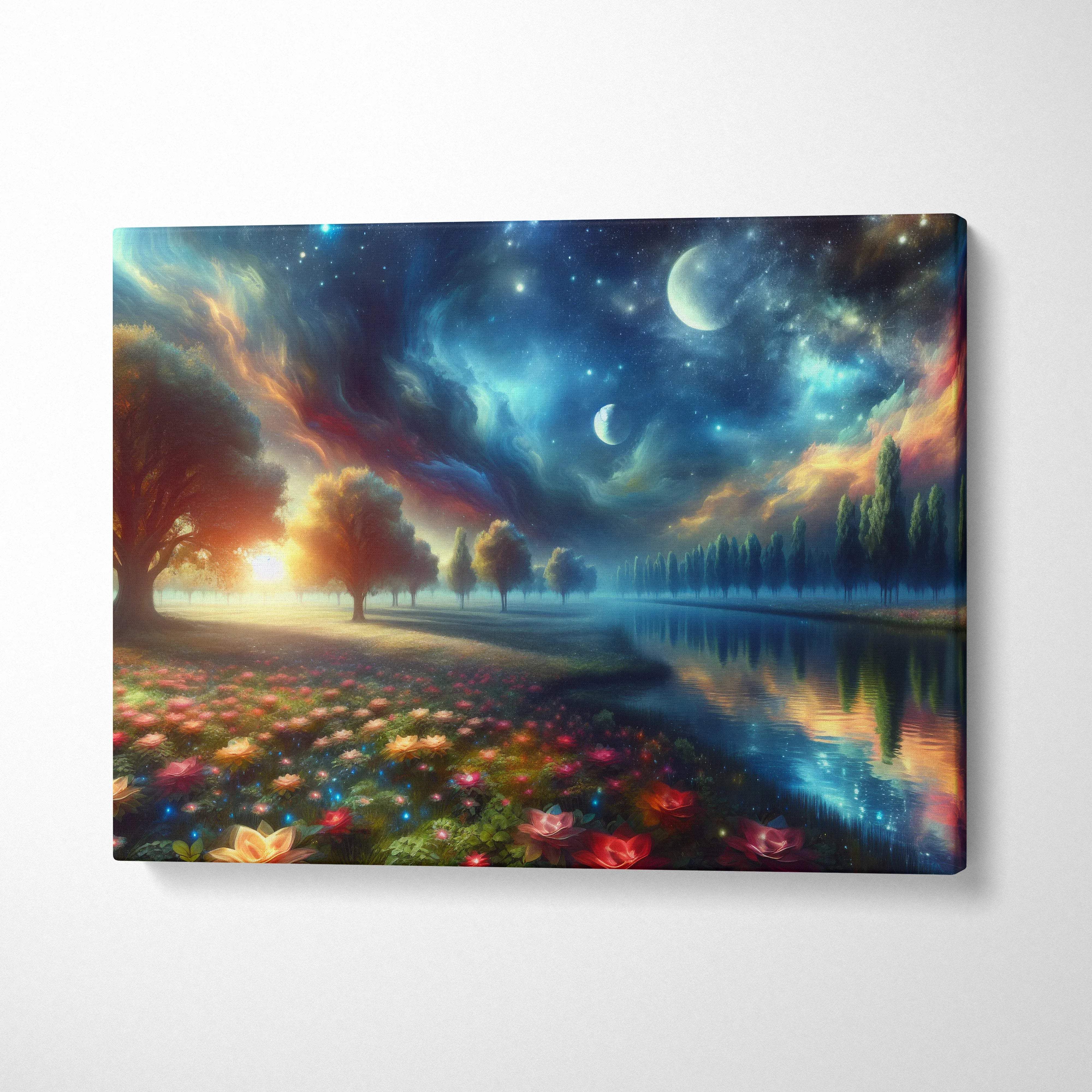 Vibrant visionary landscape canvas with starry sky, moons, meadow by calm river