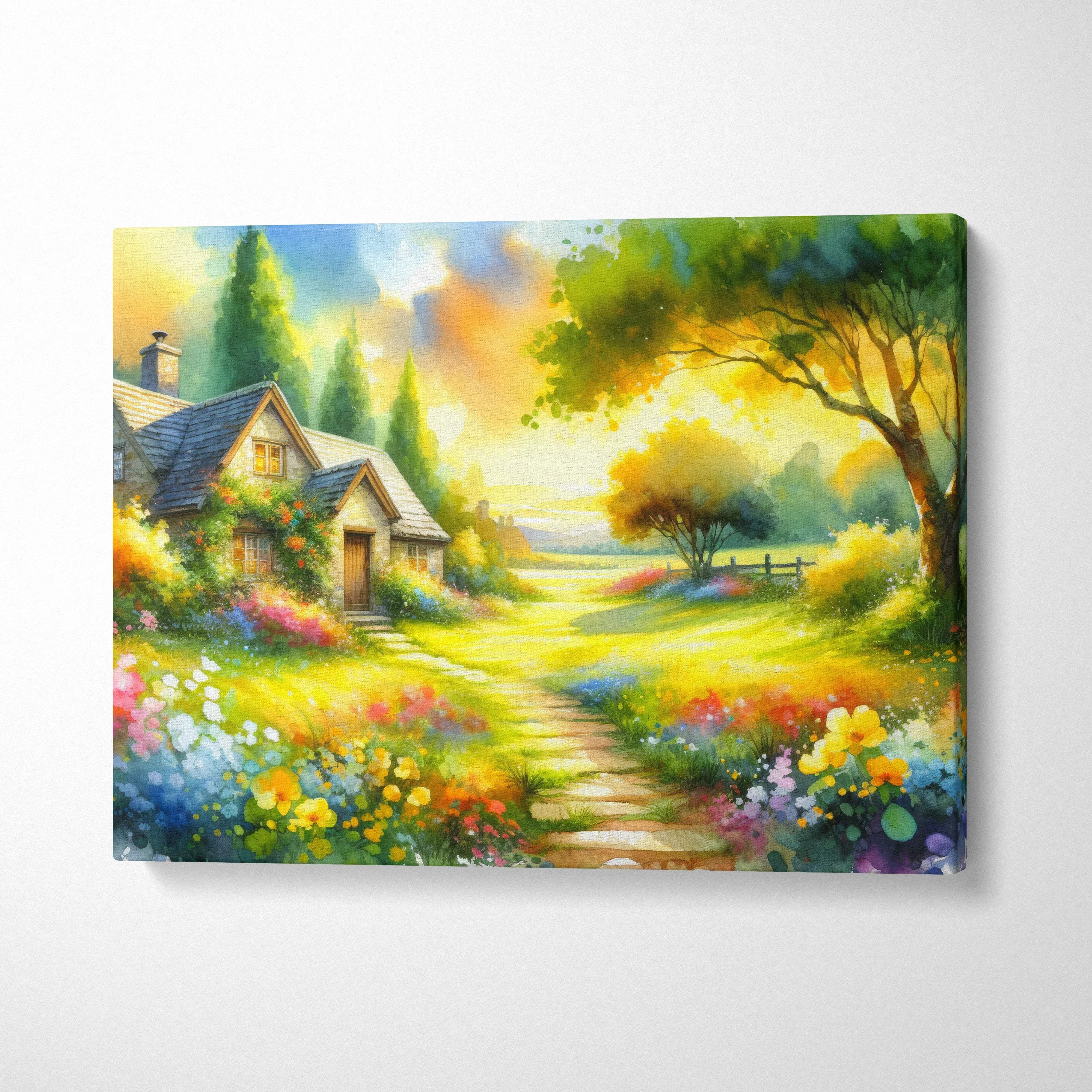 Sunlit watercolor cottage with blooming gardens and golden pathways canvas art