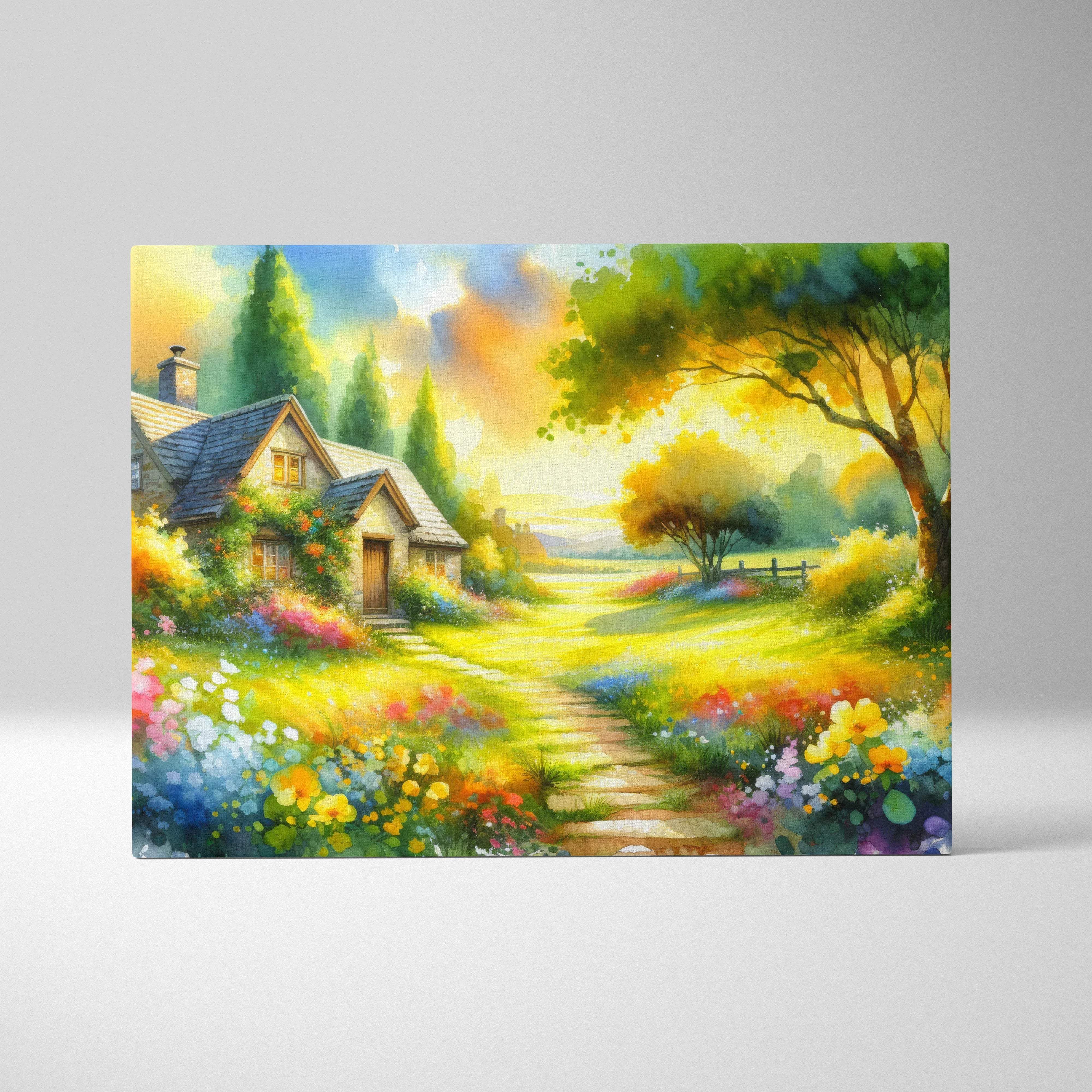 Sunlit watercolor cottage with blooming gardens and golden pathways canvas art