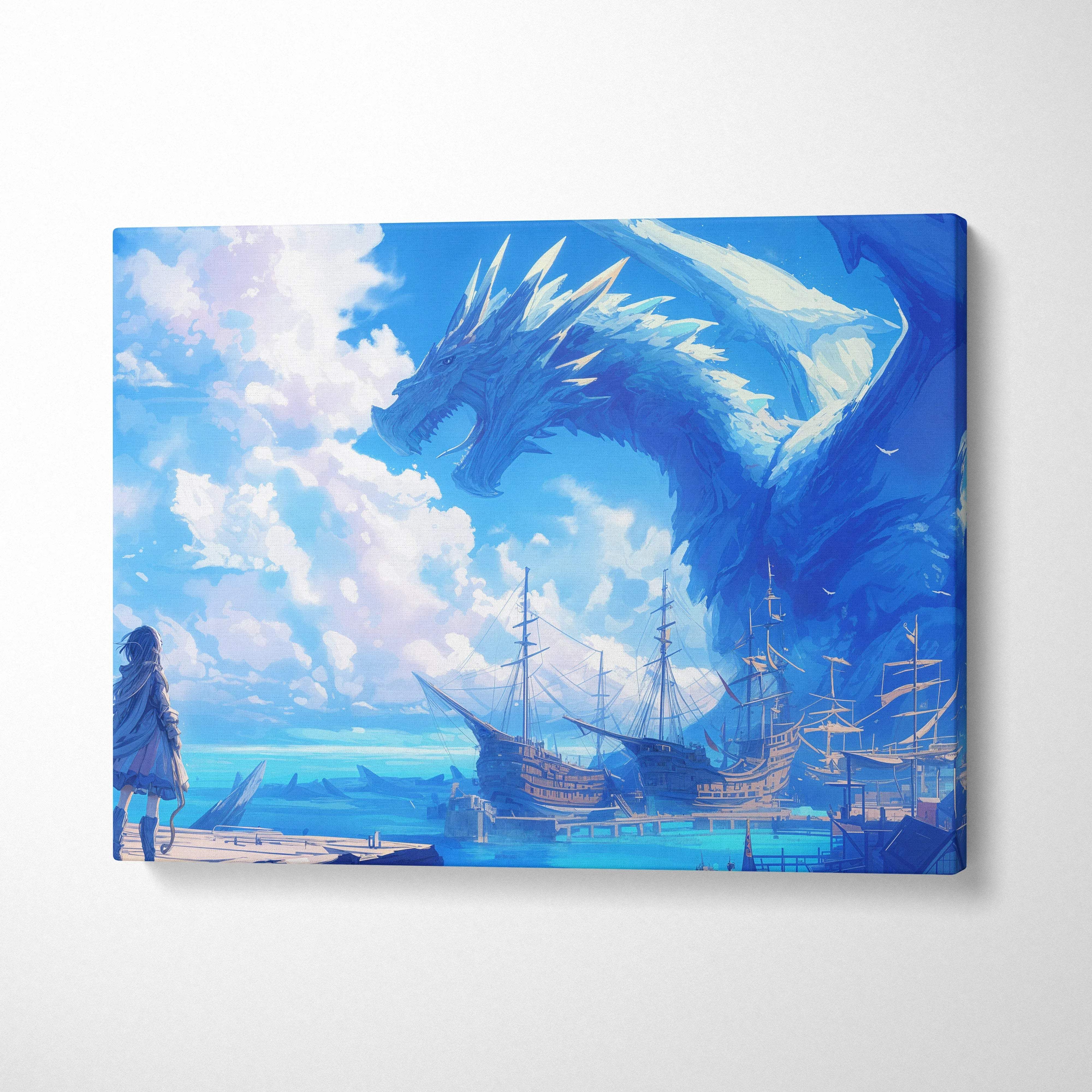 Ice blue dragon soars over historic ships as lone figure watches frozen sea canvas art