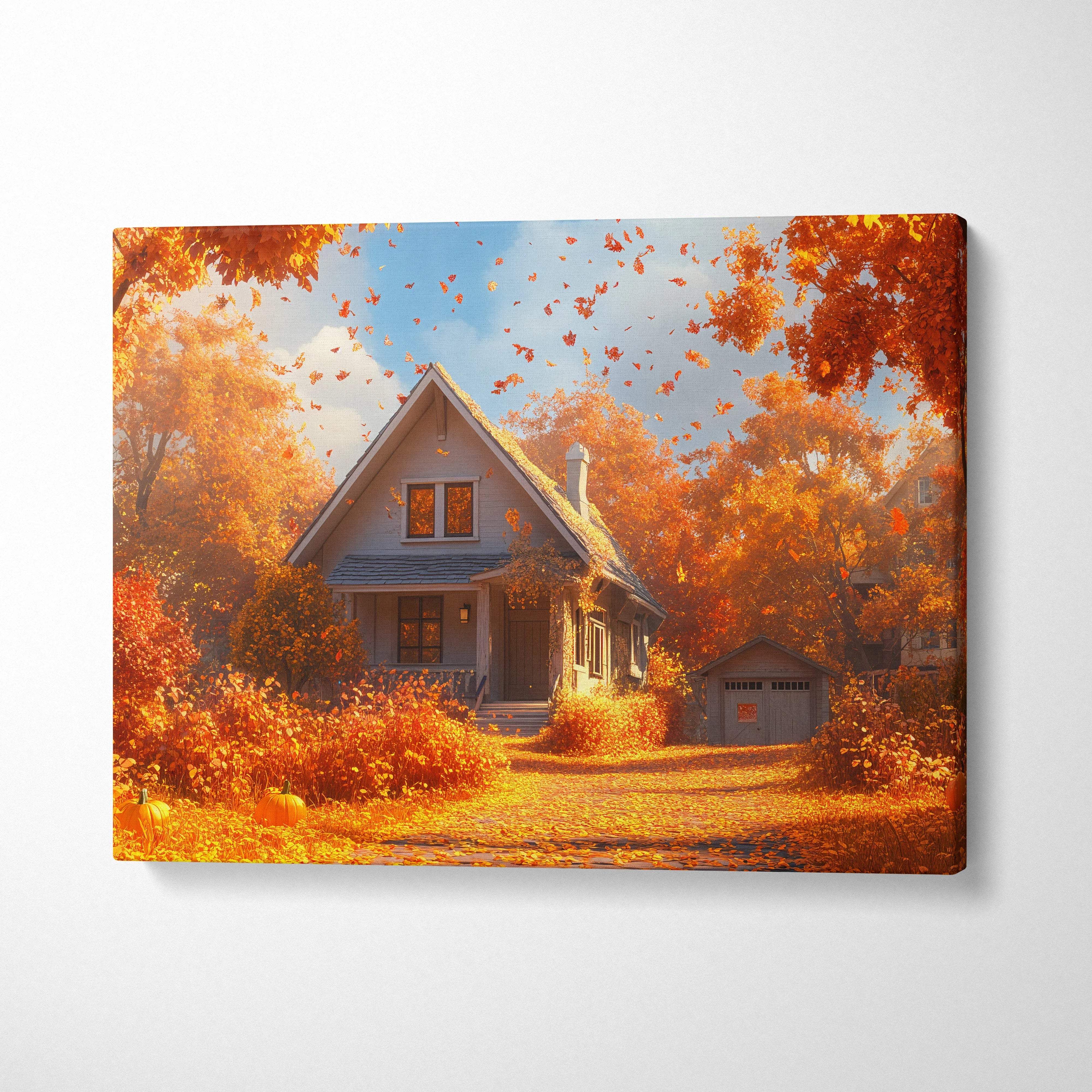 Cozy autumn cottage canvas wall art with glowing trees, golden leaves, pumpkin path
