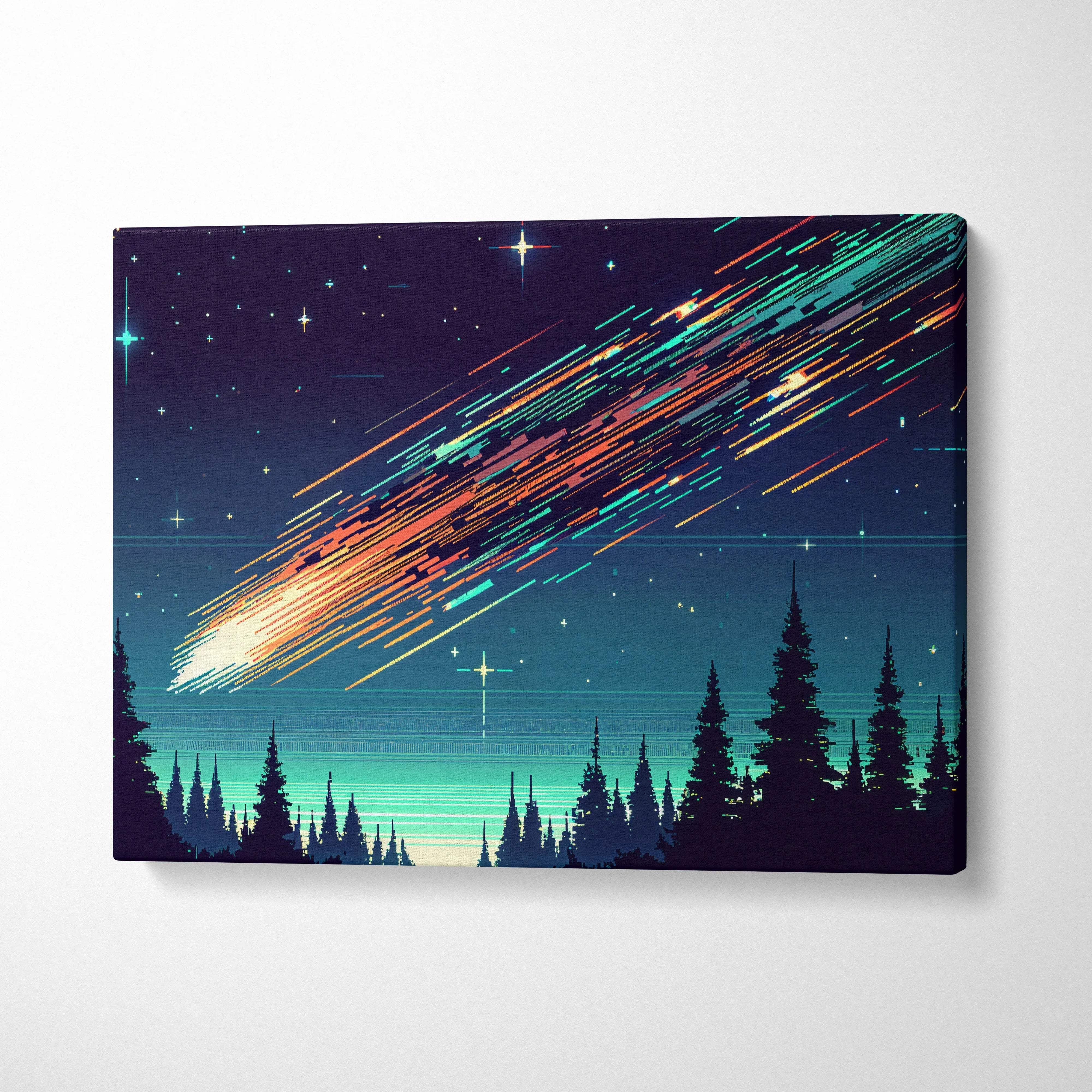 Meteor streak across midnight sky canvas art with teal forest silhouette