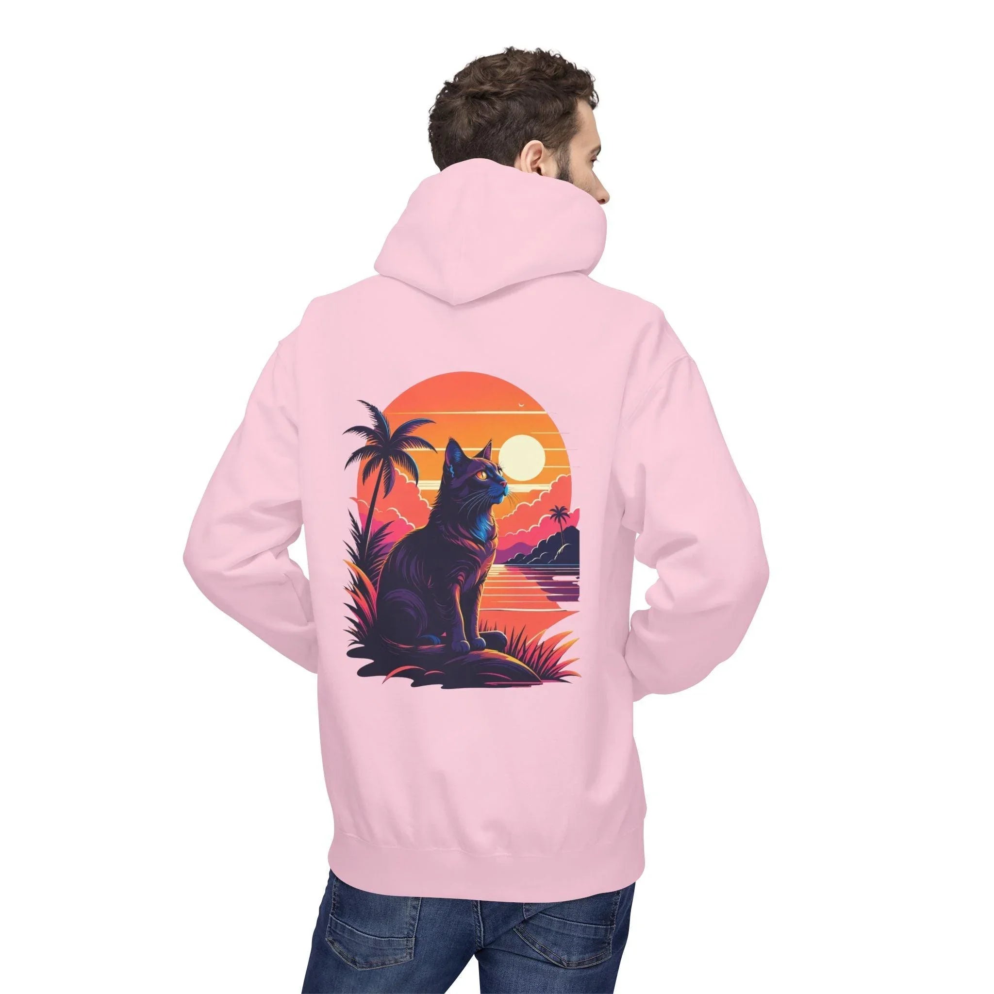 Cozy Cat Lover's Retro Sunset Fleece Hoodie