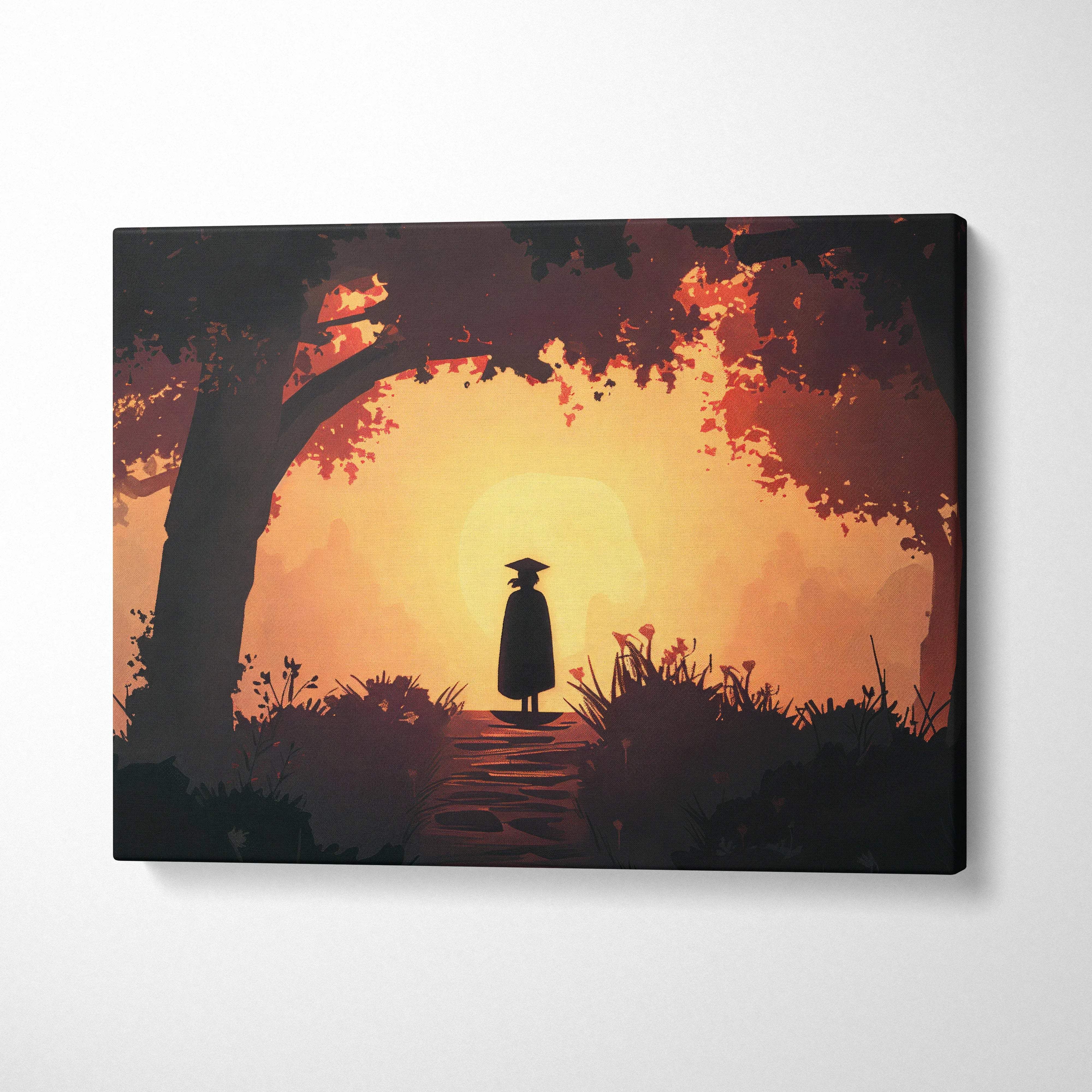 Silhouette of lone traveler in hat and cloak under autumn trees at sunset canvas art