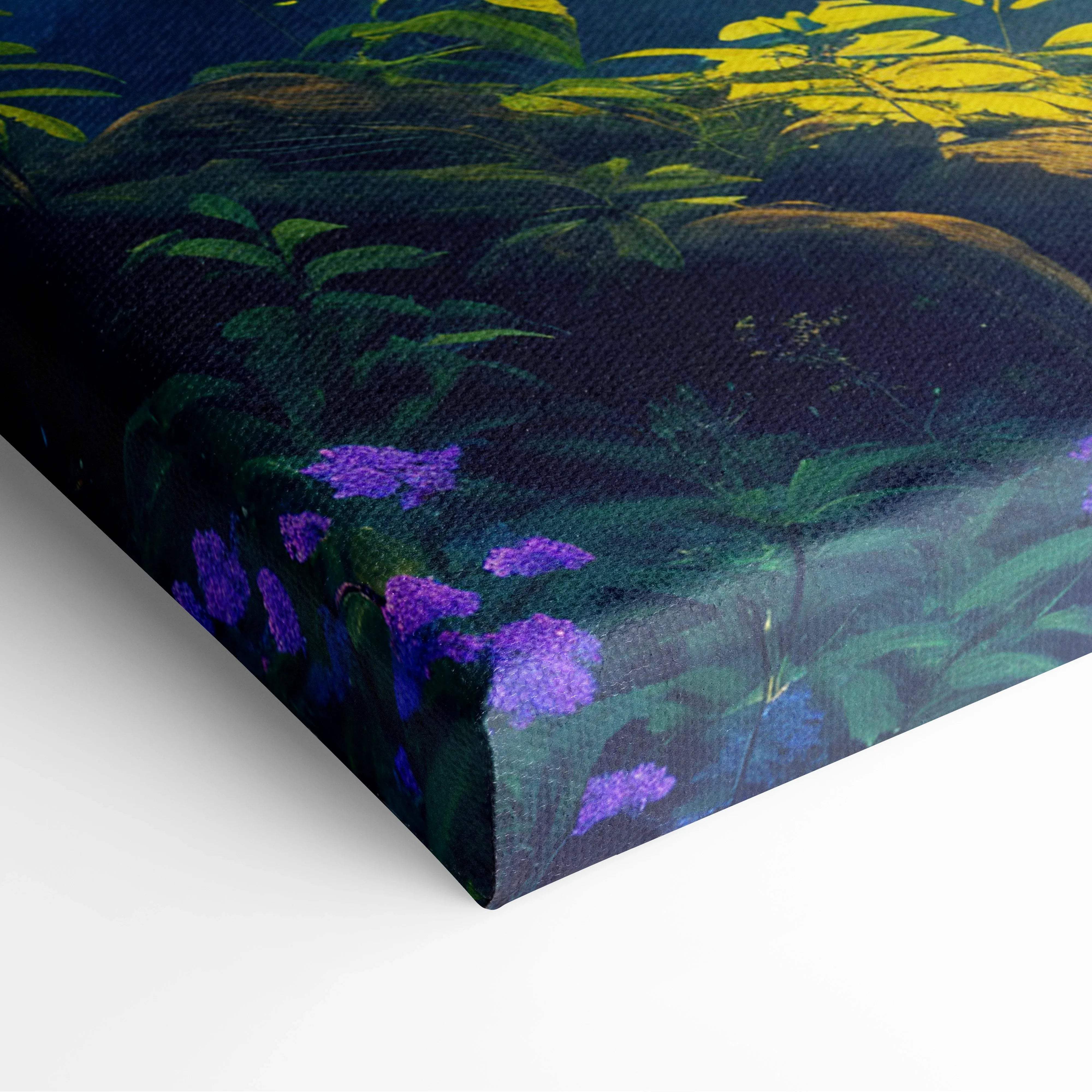 Vibrant sunlight through ancient forests path canvas wall art with lush greenery