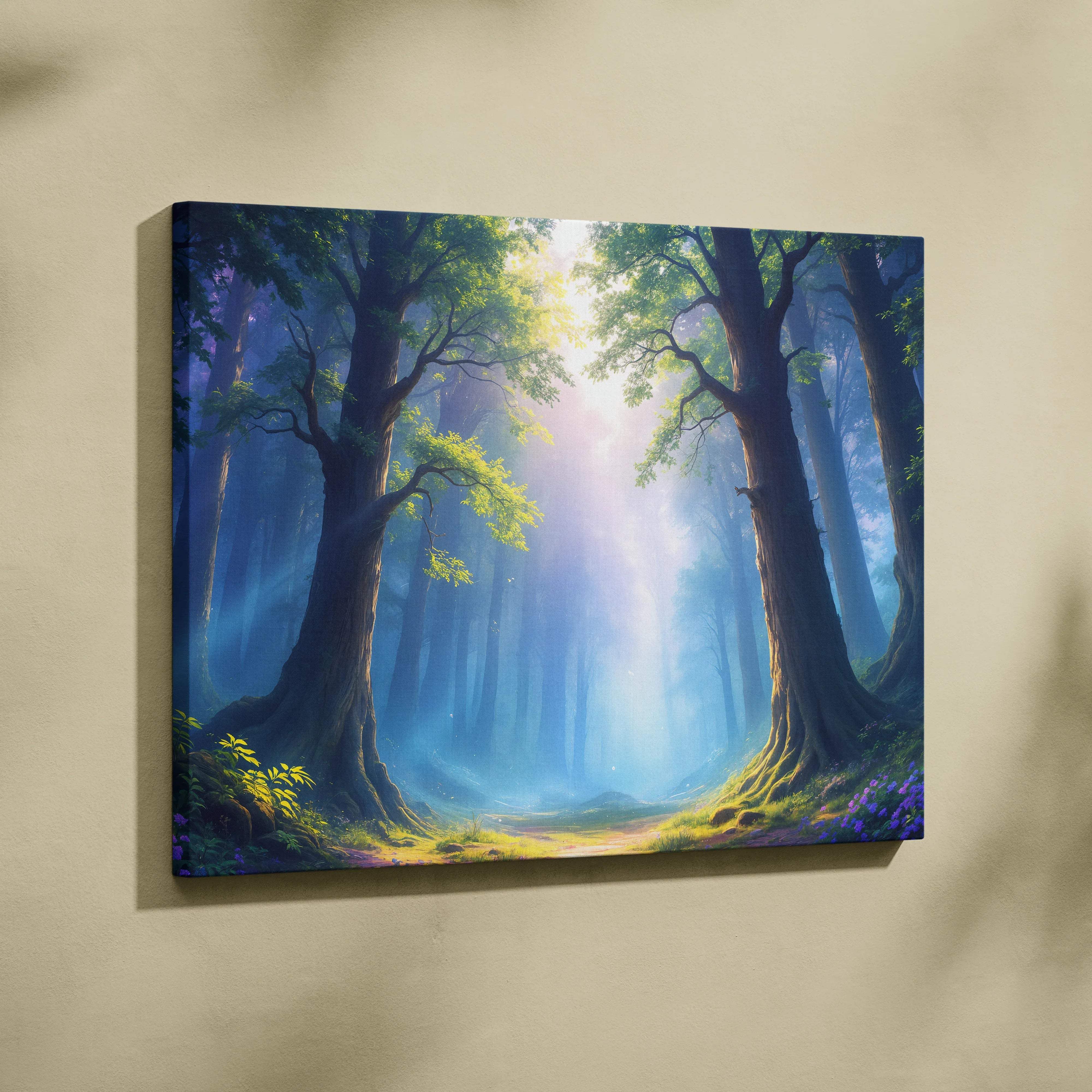 Sunlight through ancient forests path canvas wall art with radiant light