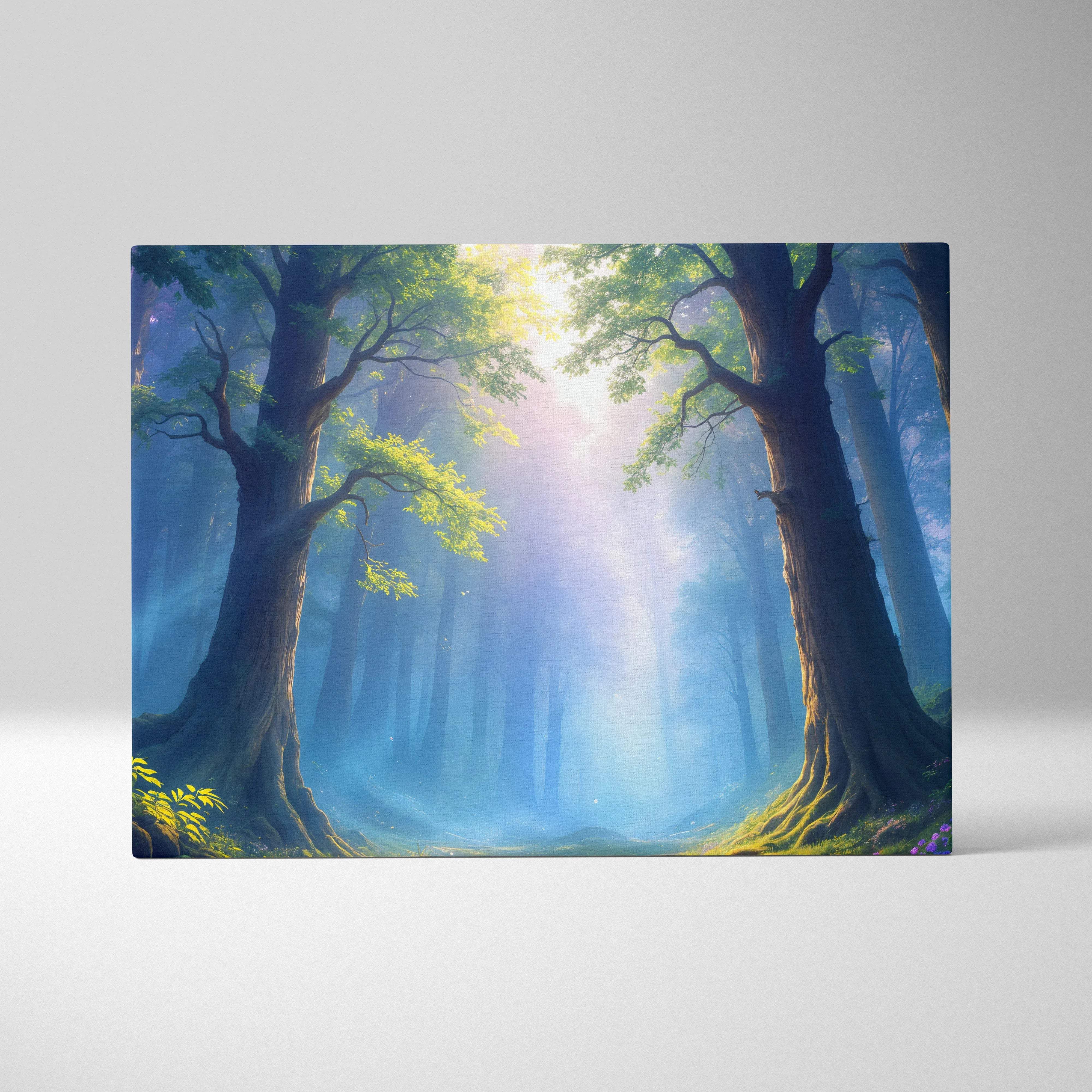 Serene ancient forest path canvas art with radiant sunlight through canopy