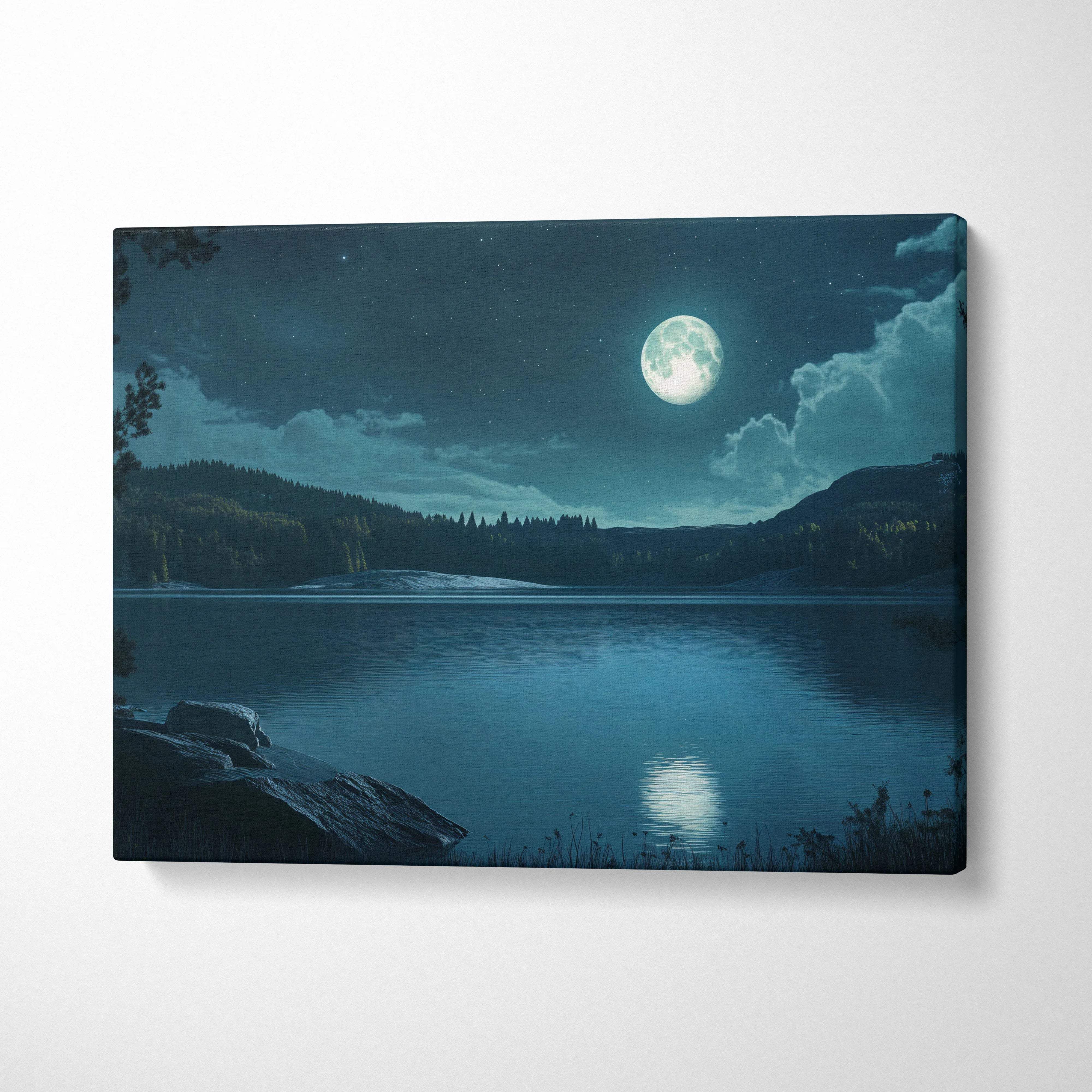 Moonlit stillwater canvas wall art: cinematic teal lake under full moon