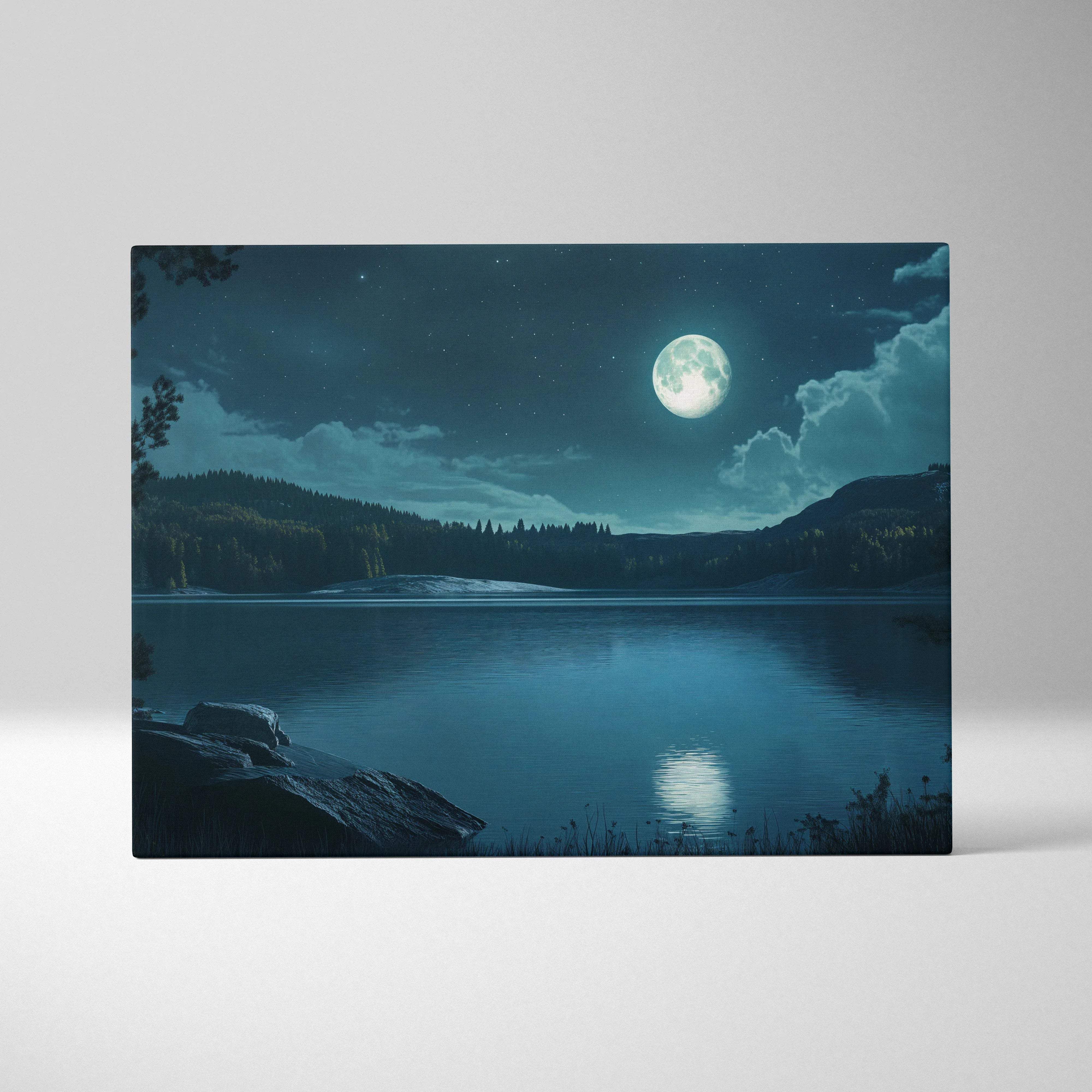 Moonlit stillwater canvas wall art with full moon on calm water