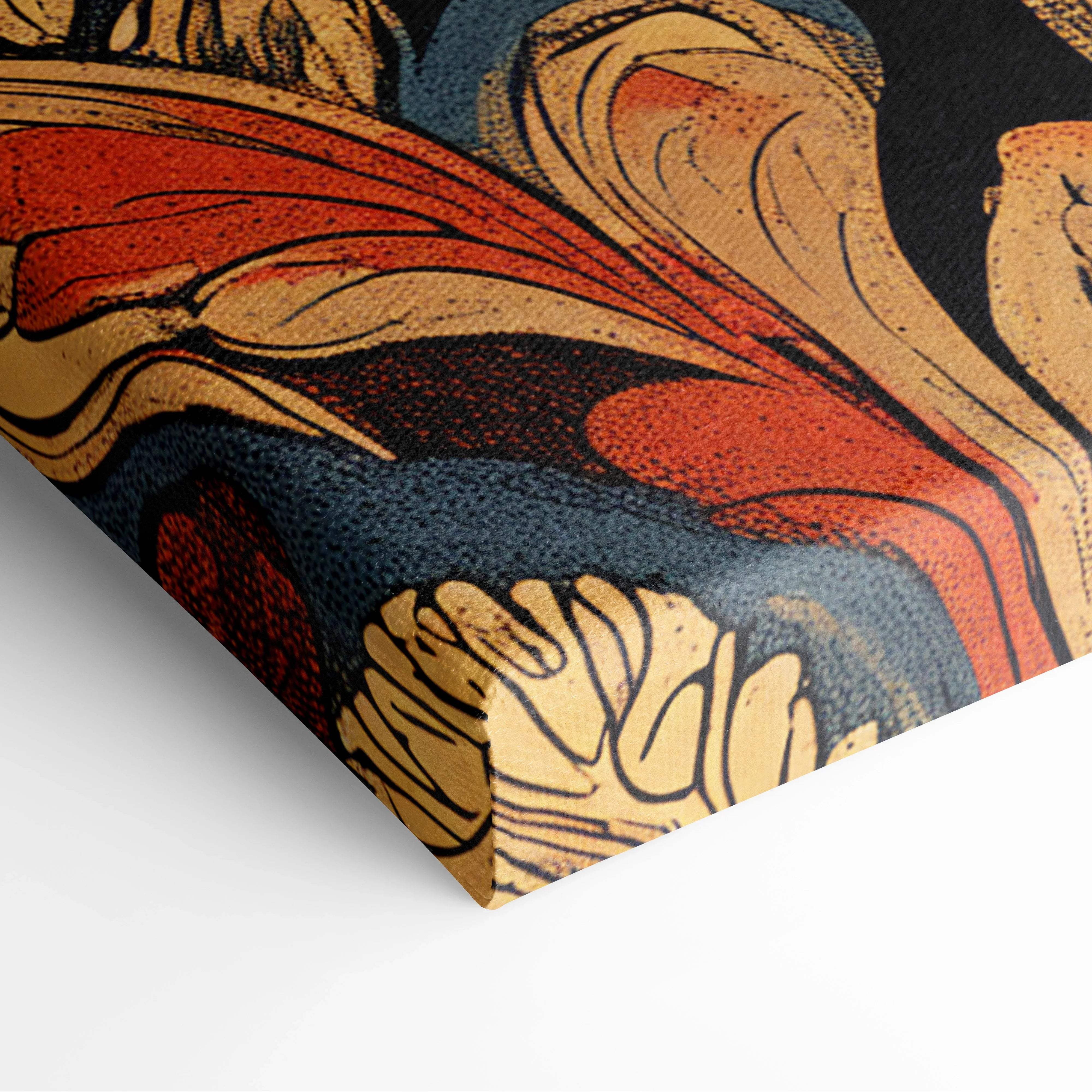 Ornate bohemian ember mandala bloom canvas in red gold navy
