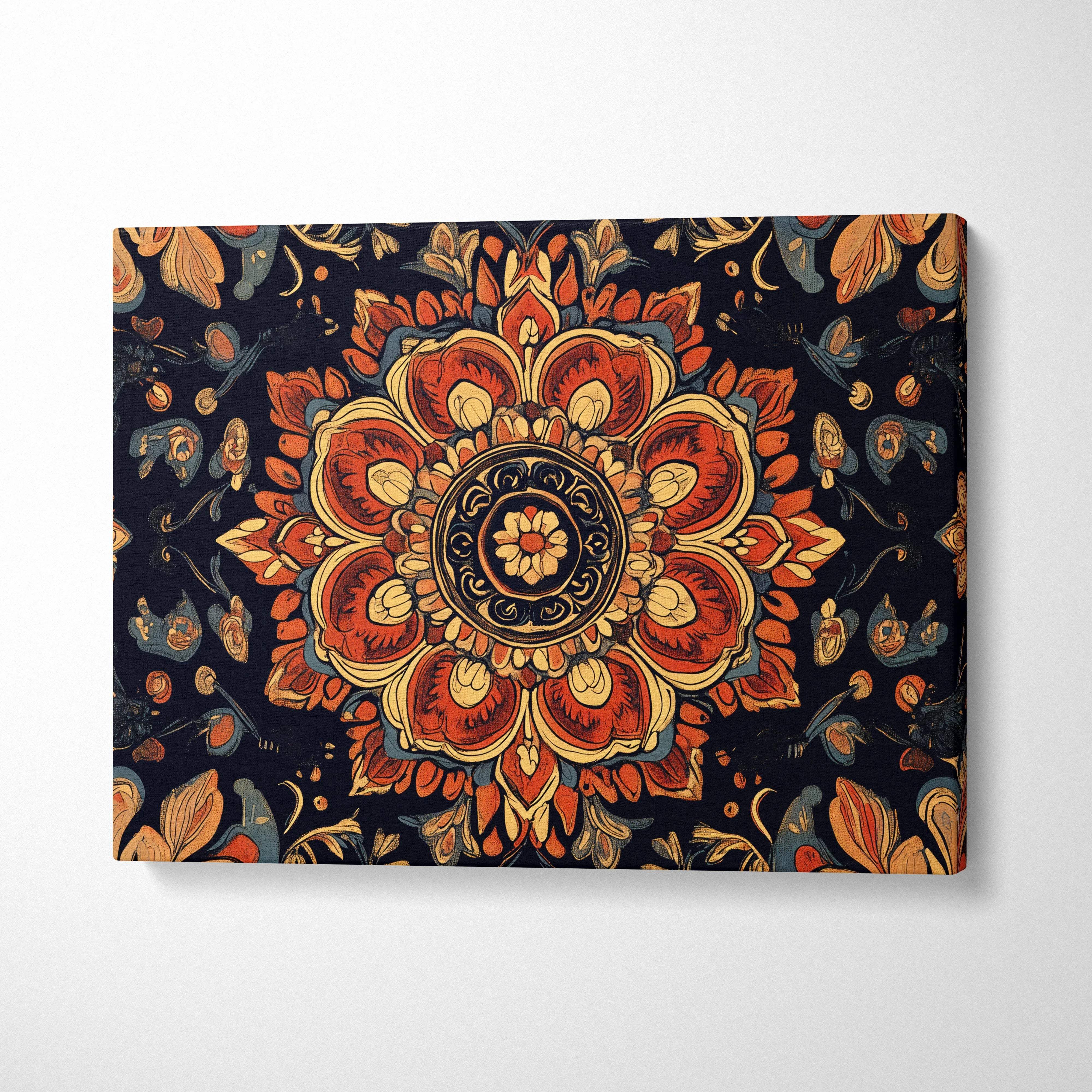 Ornate Bohemian Ember Mandala Bloom canvas wall art in burnt orange, gold, navy