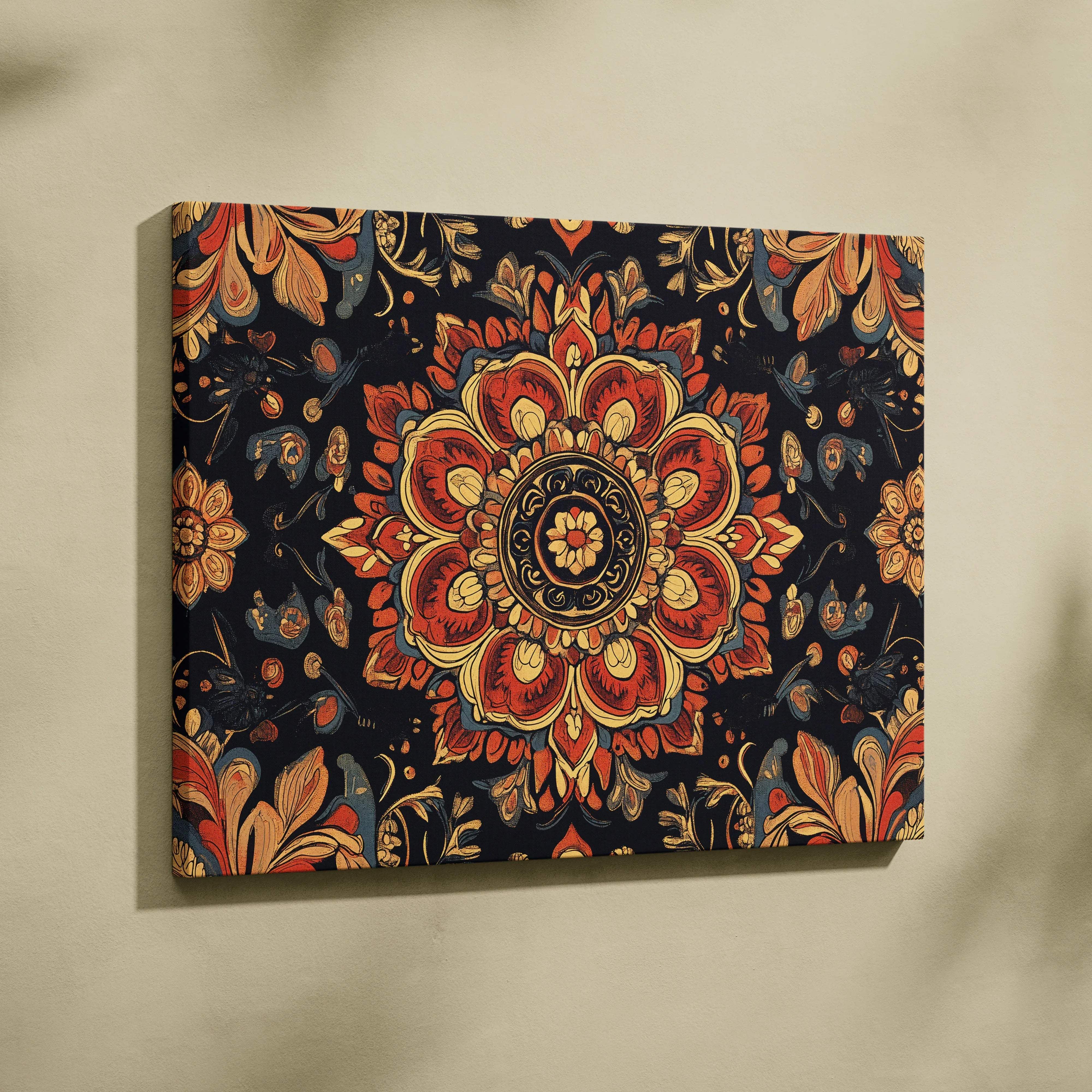 Ornate bohemian ember mandala bloom canvas wall art in red gold navy