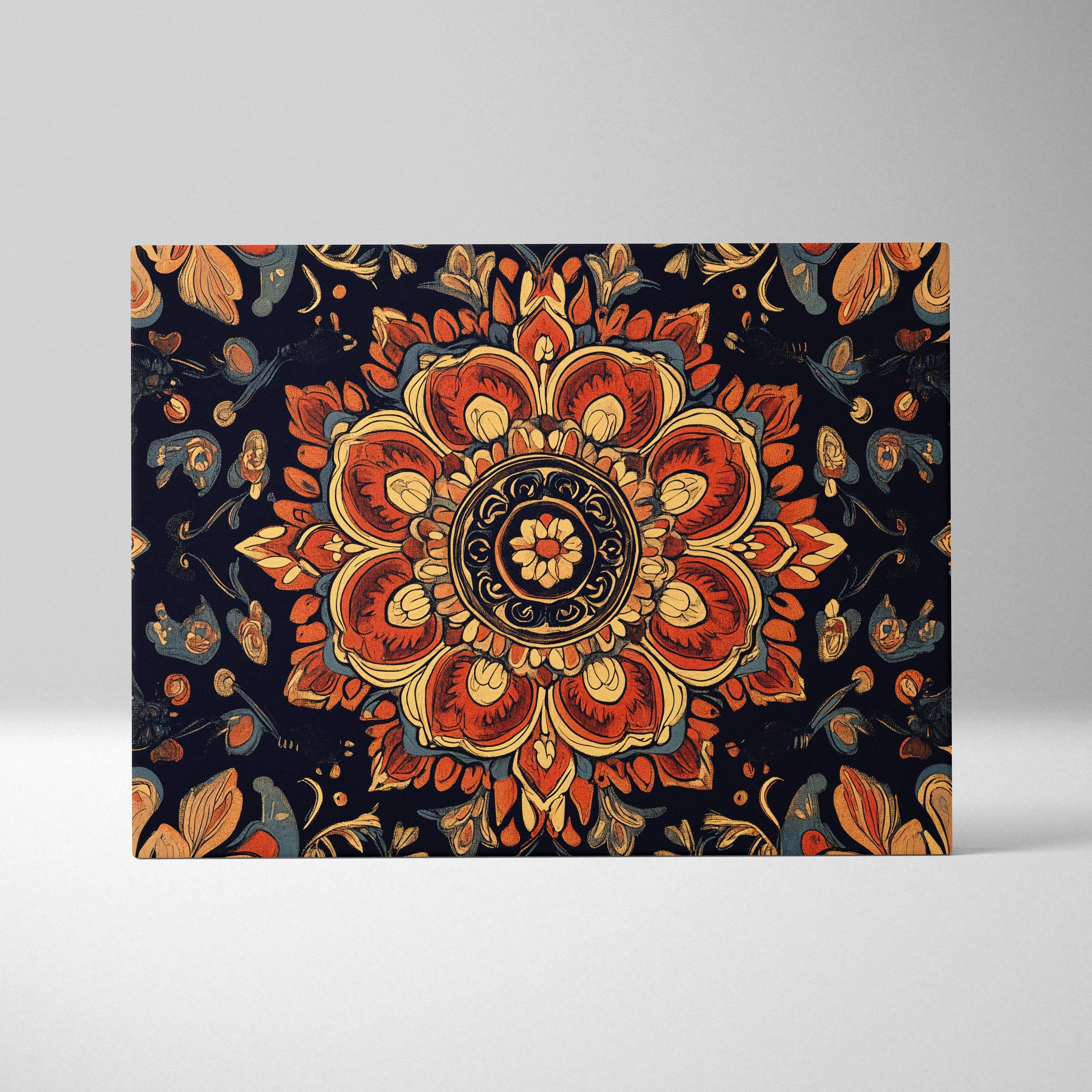 Ornate bohemian ember mandala bloom canvas in orange gold navy