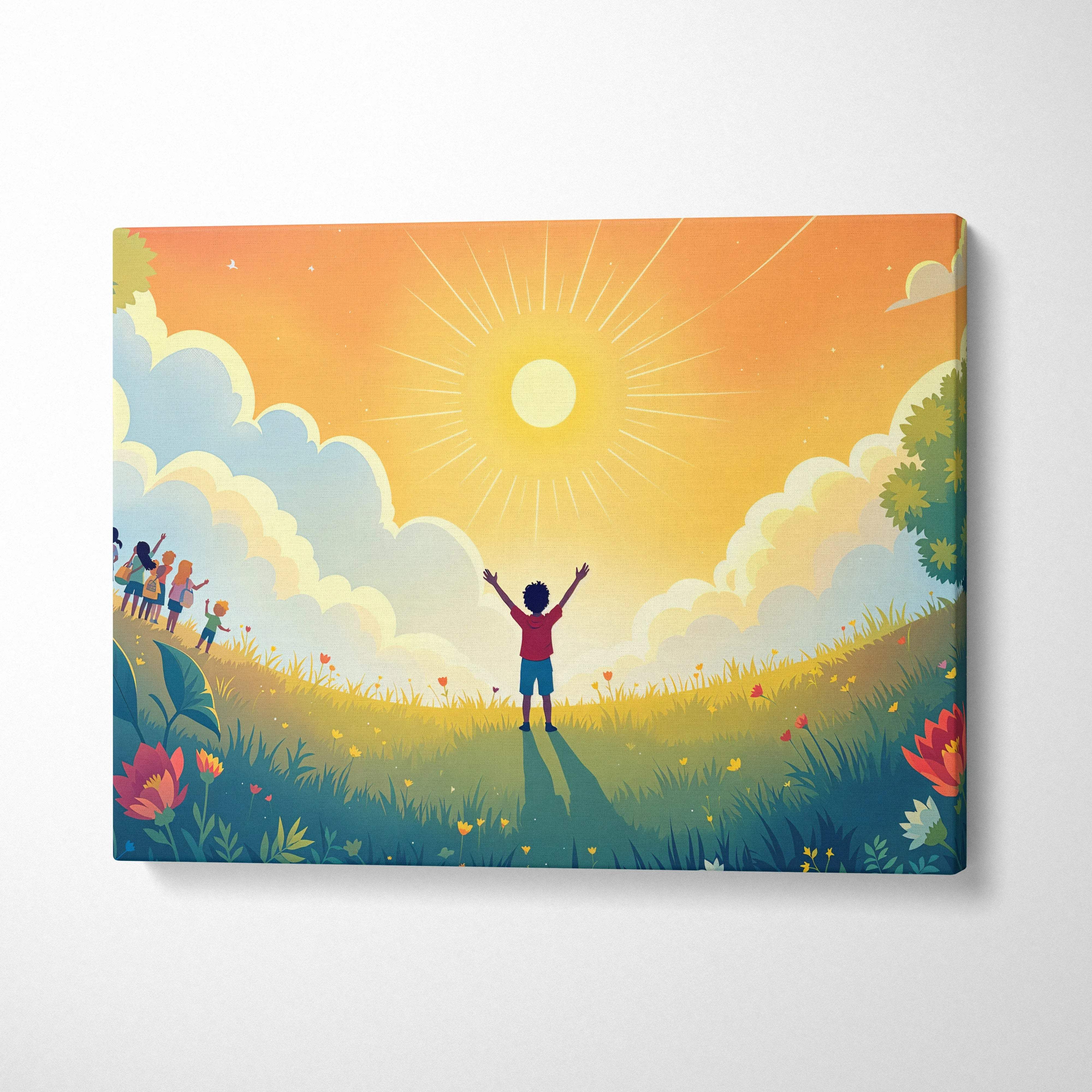 Child greeting radiant sun with arms raised in storybook sunrise canvas art