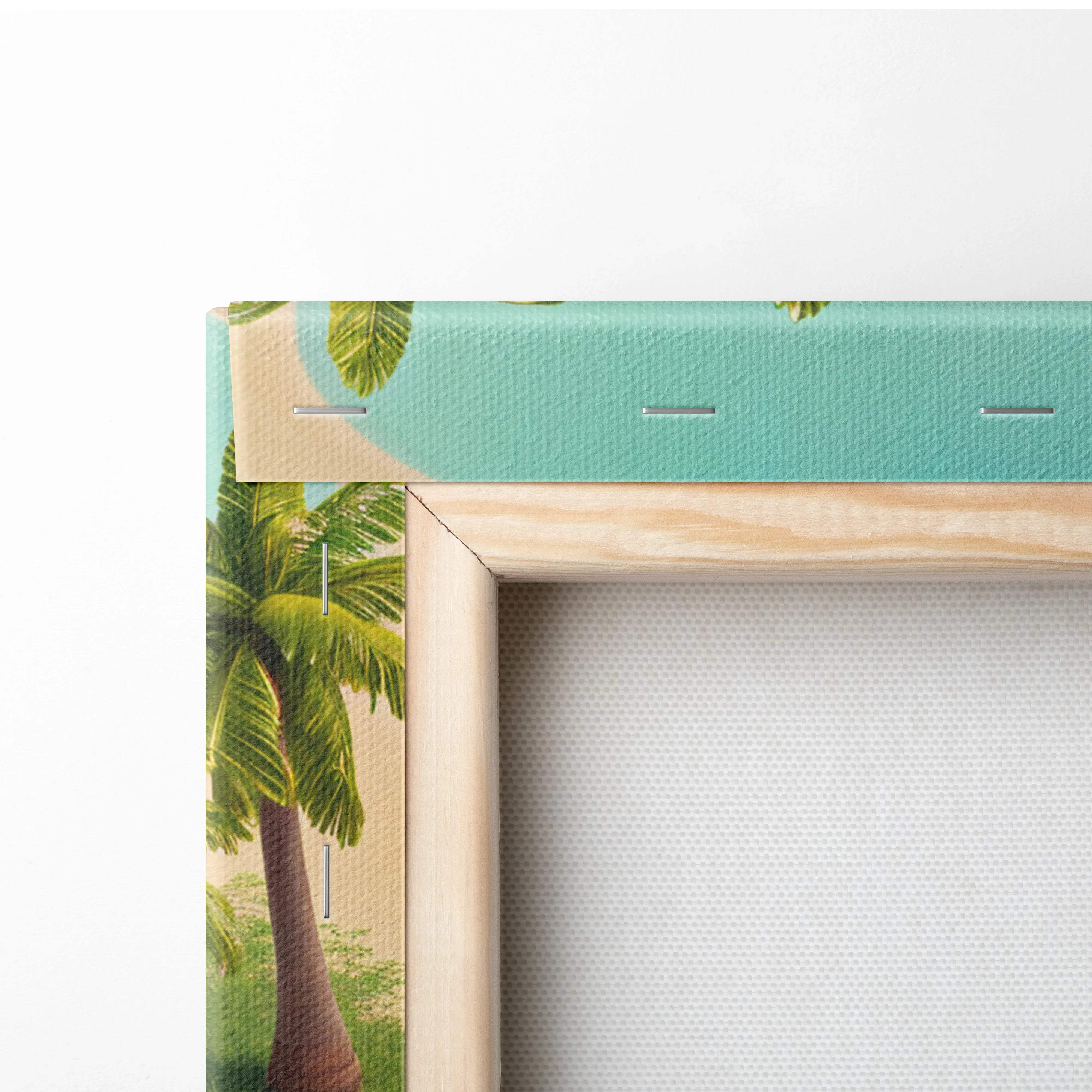Framed Palmshore Haven palm tree canvas print in light wood frame