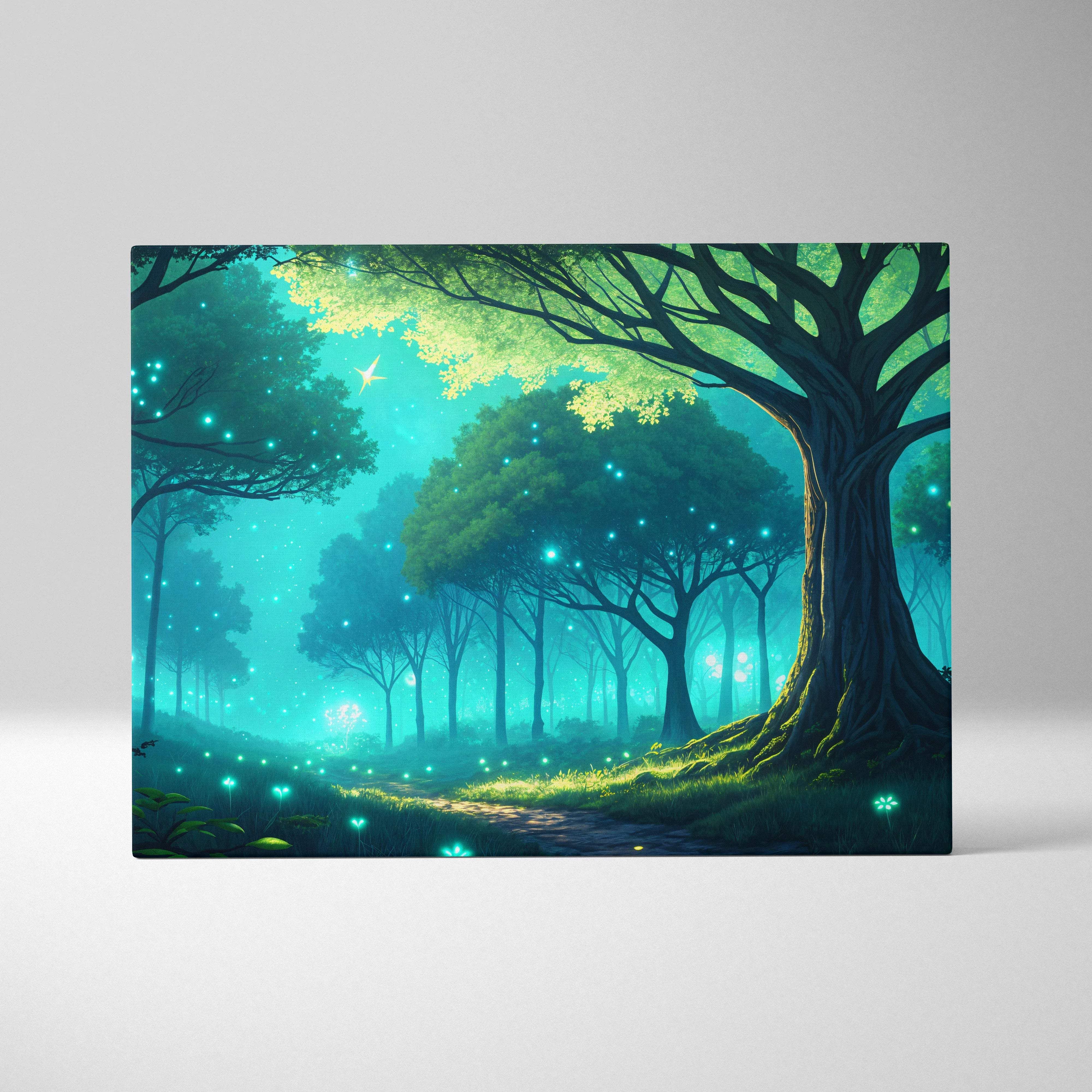 Whispering firefly grove twilight forest canvas wall art in teal emerald blue gold