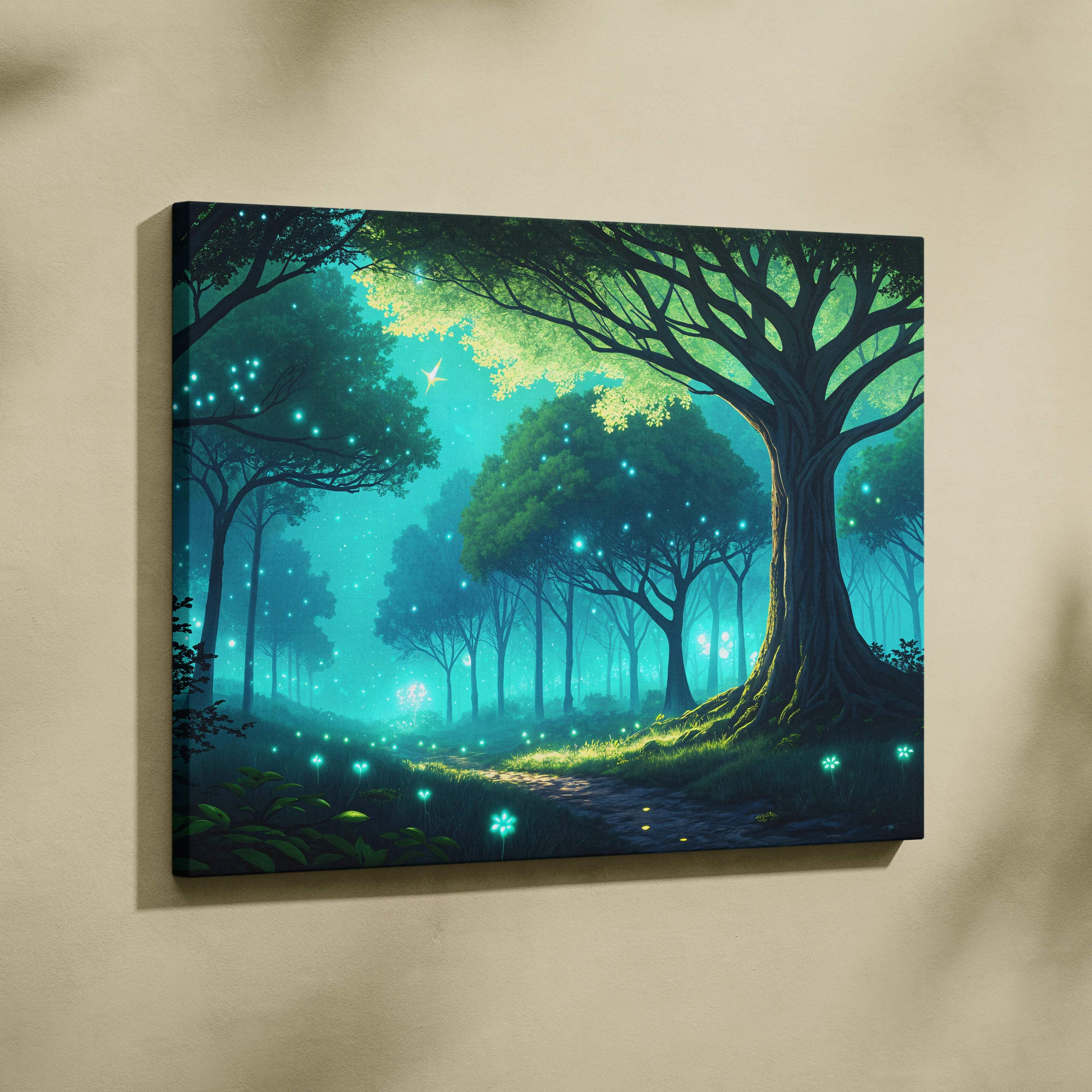 Whispering Firefly Grove teal emerald blue twilight forest canvas wall art