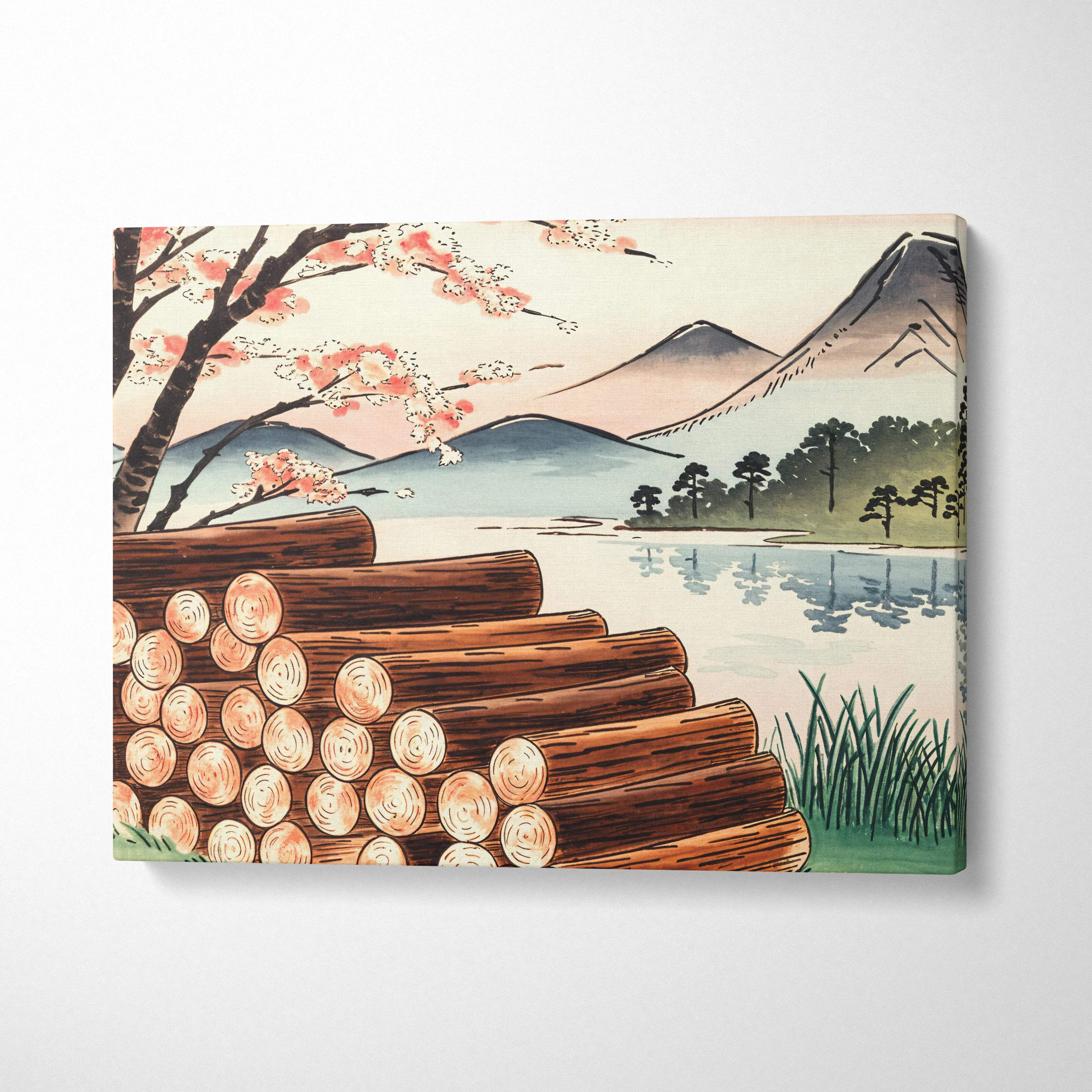 Ukiyo-e style cherry blossoms by quiet lake canvas print with cedar logs and misty mountains