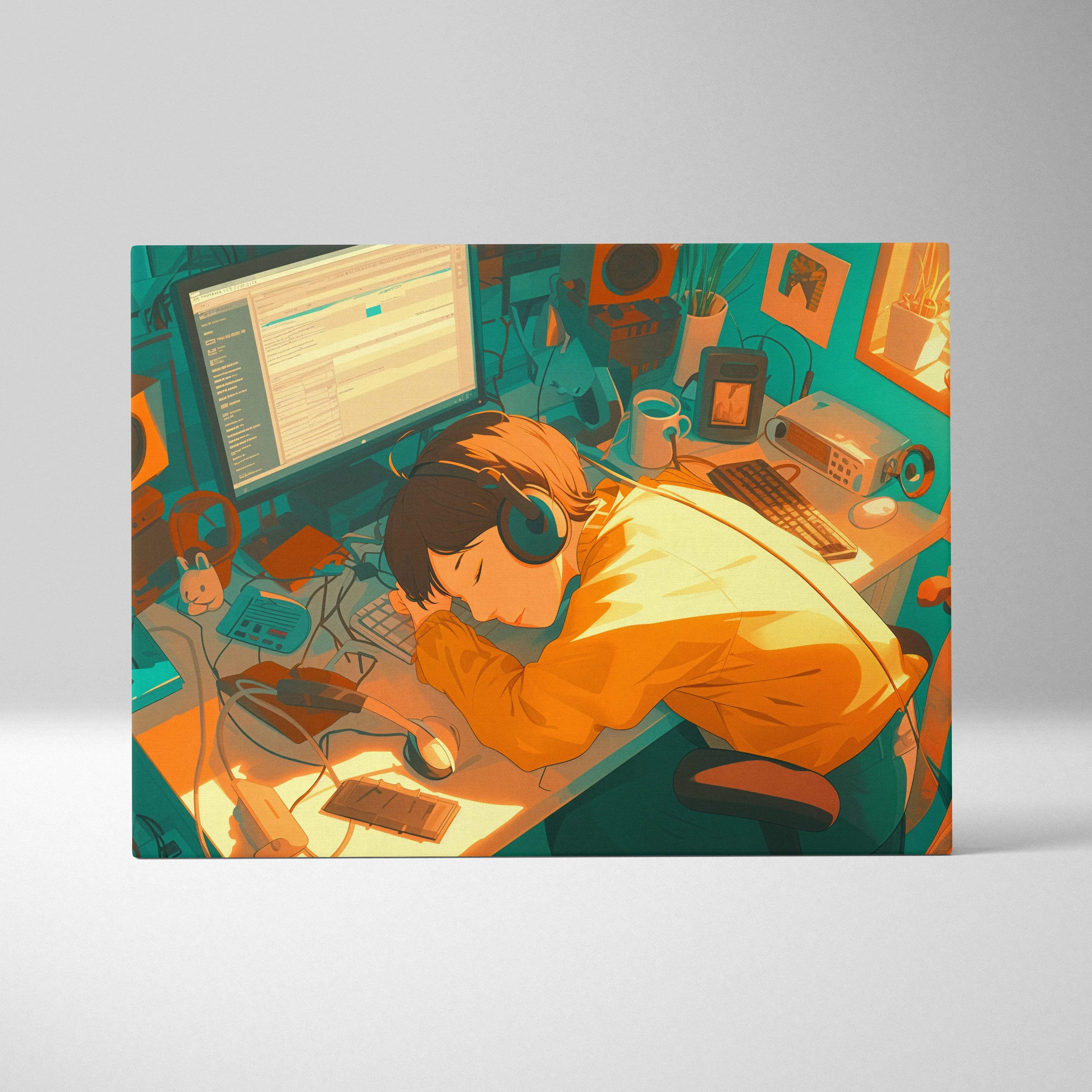 Lo-fi coder in orange jacket sleeping at cozy desk with teal amber neon glow