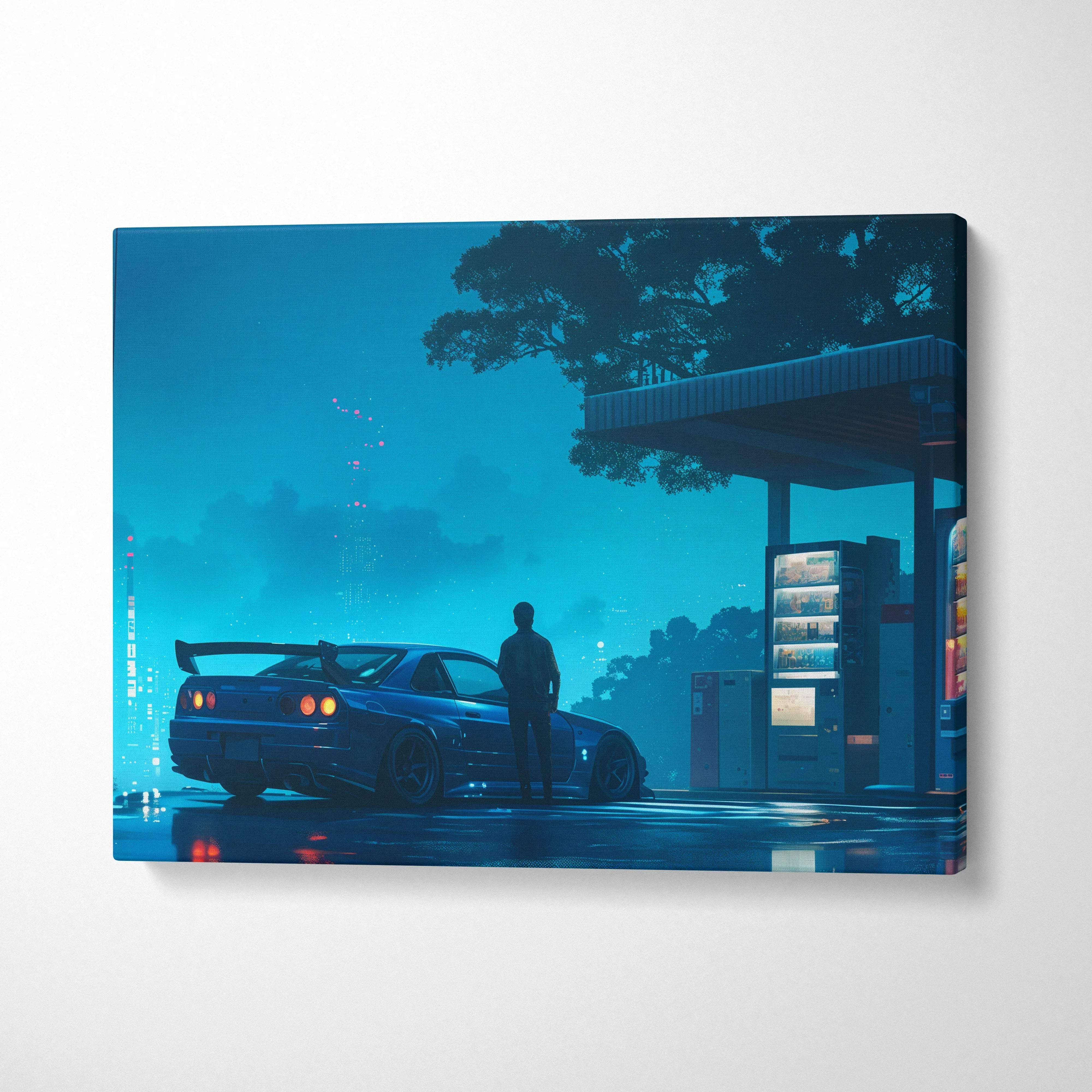 Blue neon-lit cyberpunk sports car at moody gas station canvas print