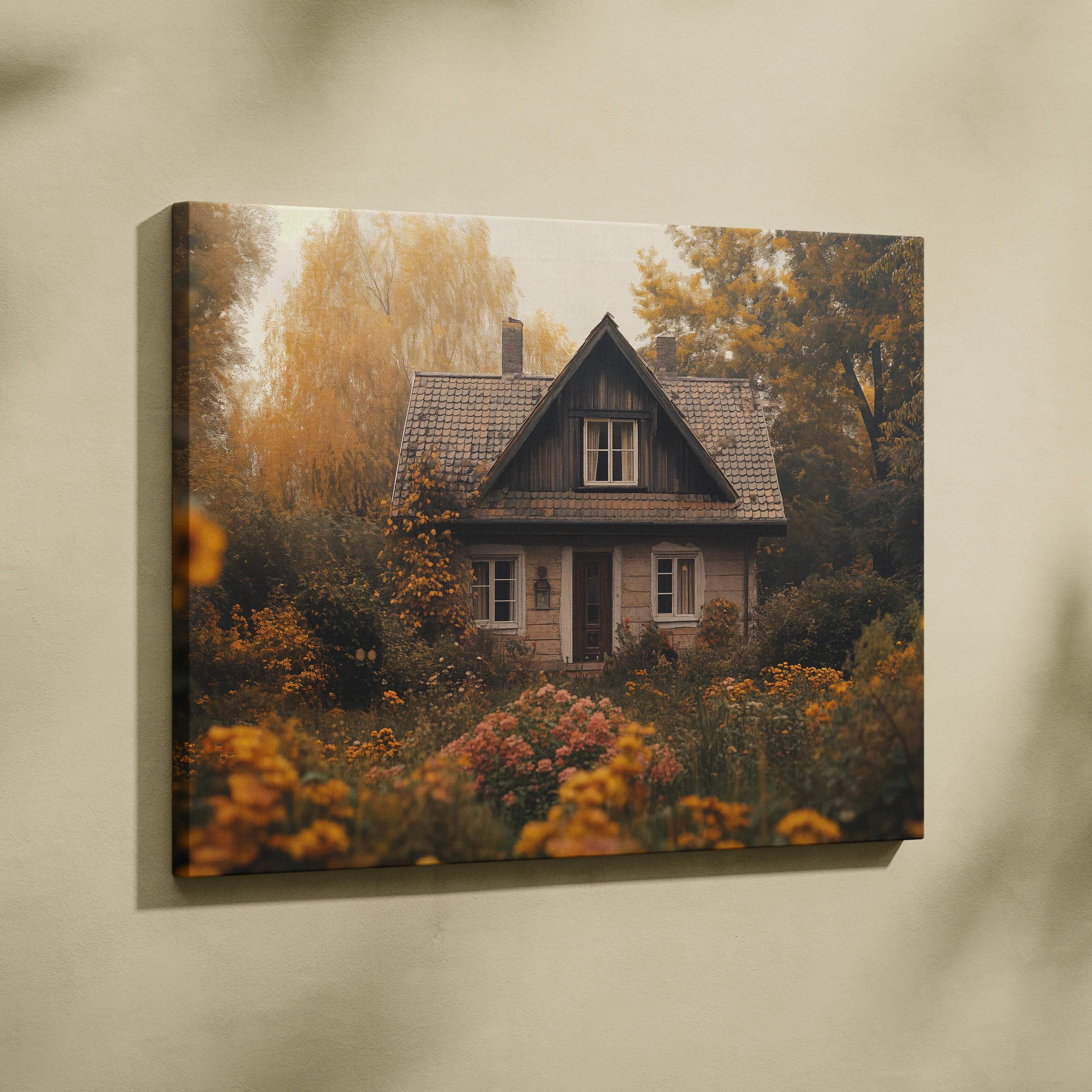 Rustic autumn cottage canvas wall art with golden foliage and soft light