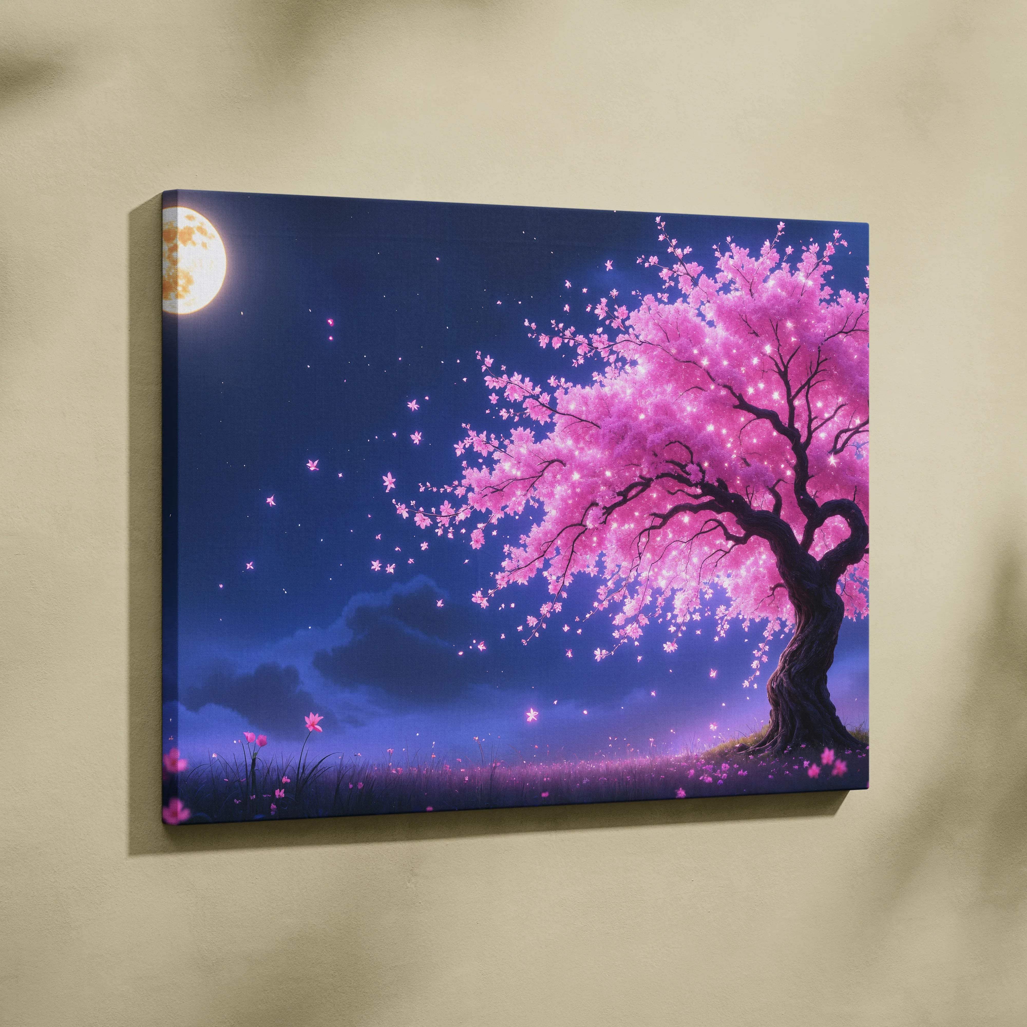 Moonlit cherry blossom tree canvas wall art with pink petals in starry night sky