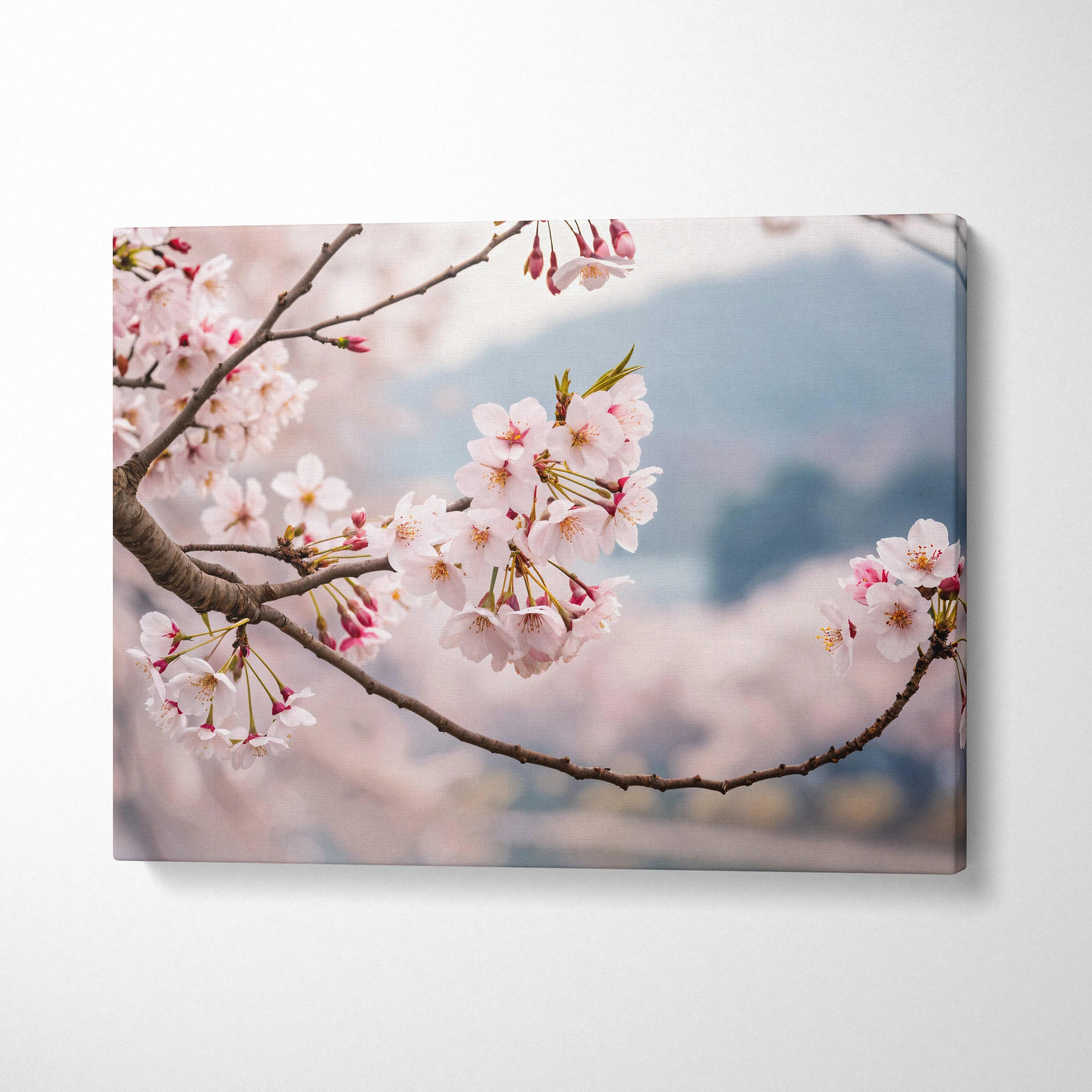 Framed soft pink cherry blossoms on branch with misty mountain lake canvas art