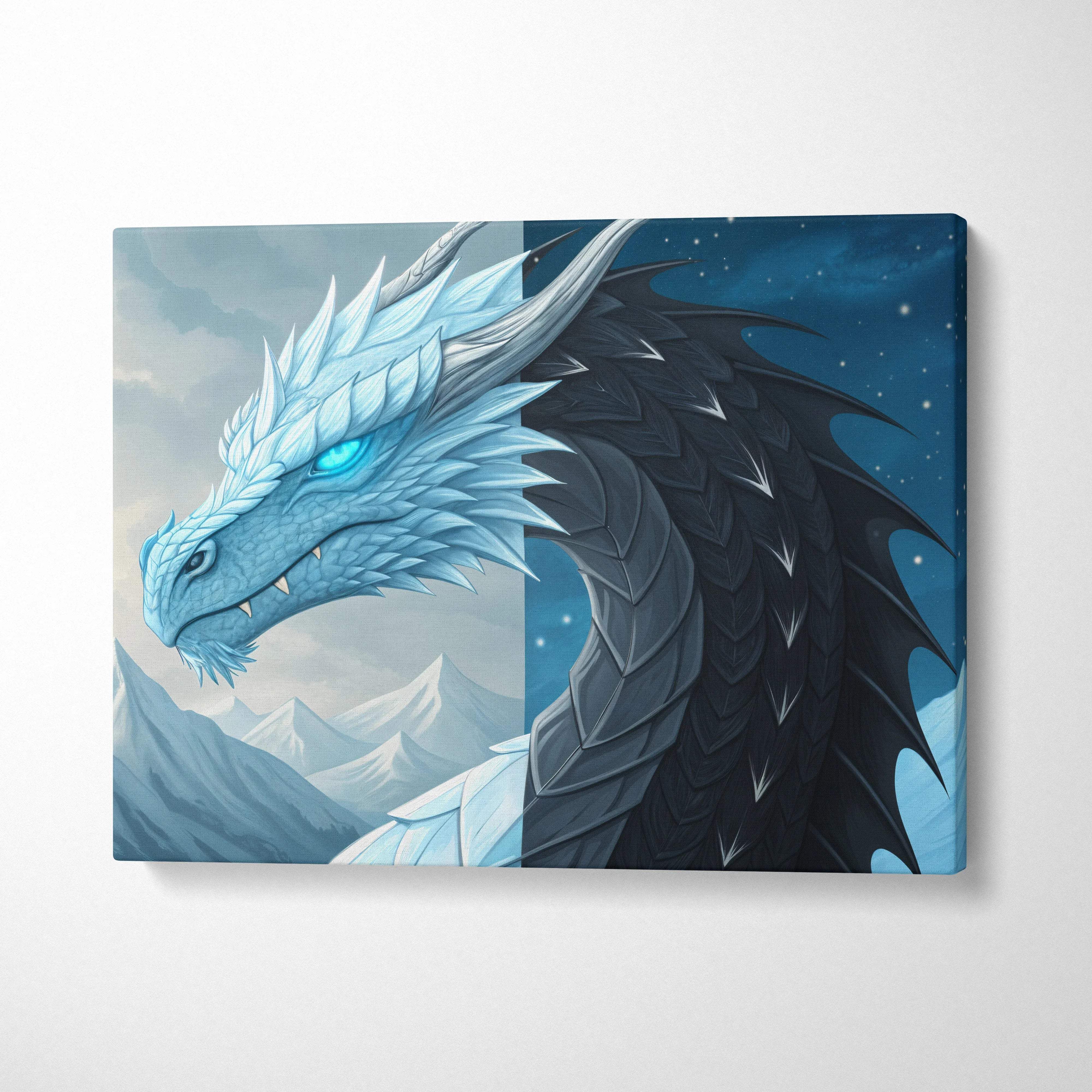 Ice and Shadow Dragon canvas wall art with icy blue scales over frozen peaks