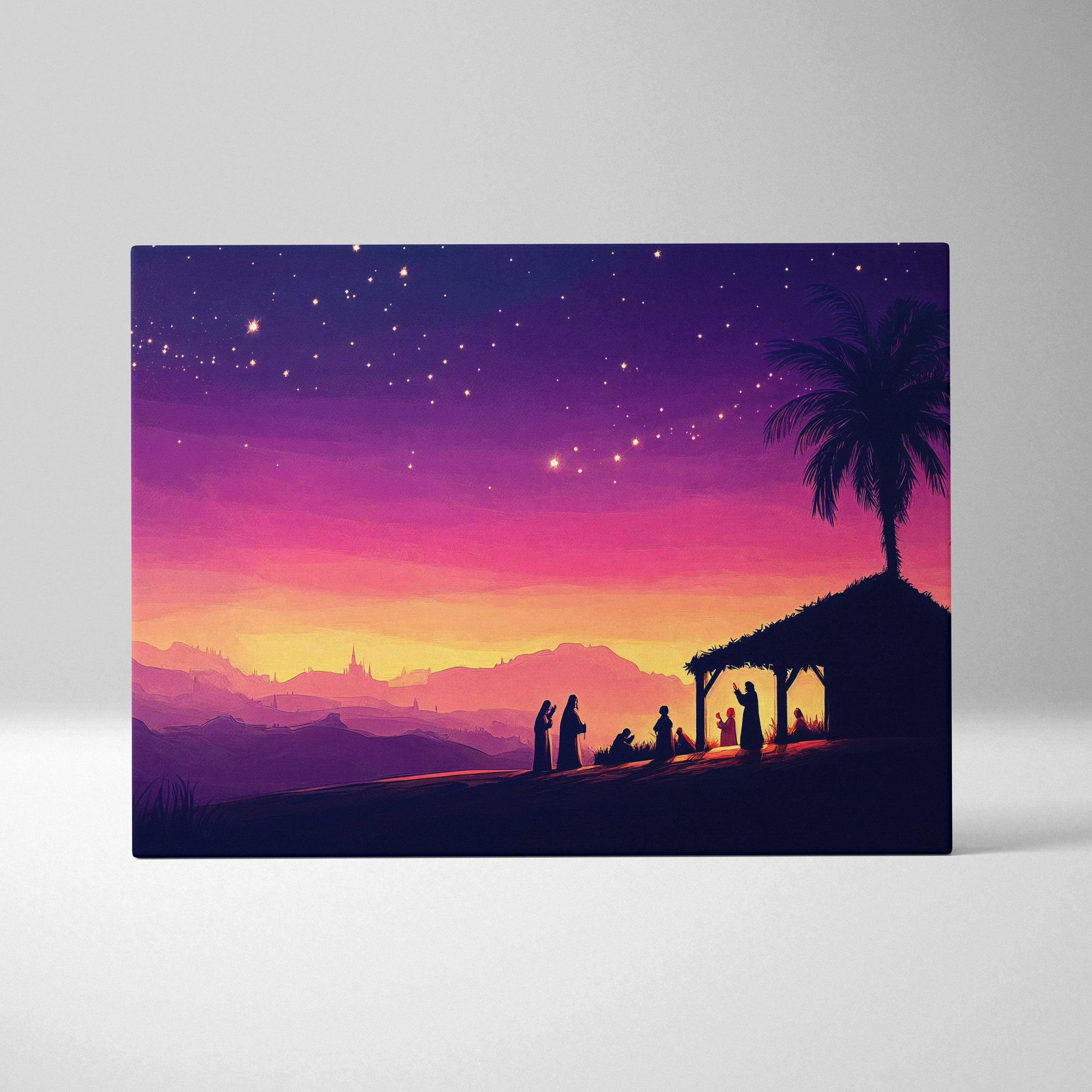Vibrant purple pink sunset nativity silhouette canvas wall art