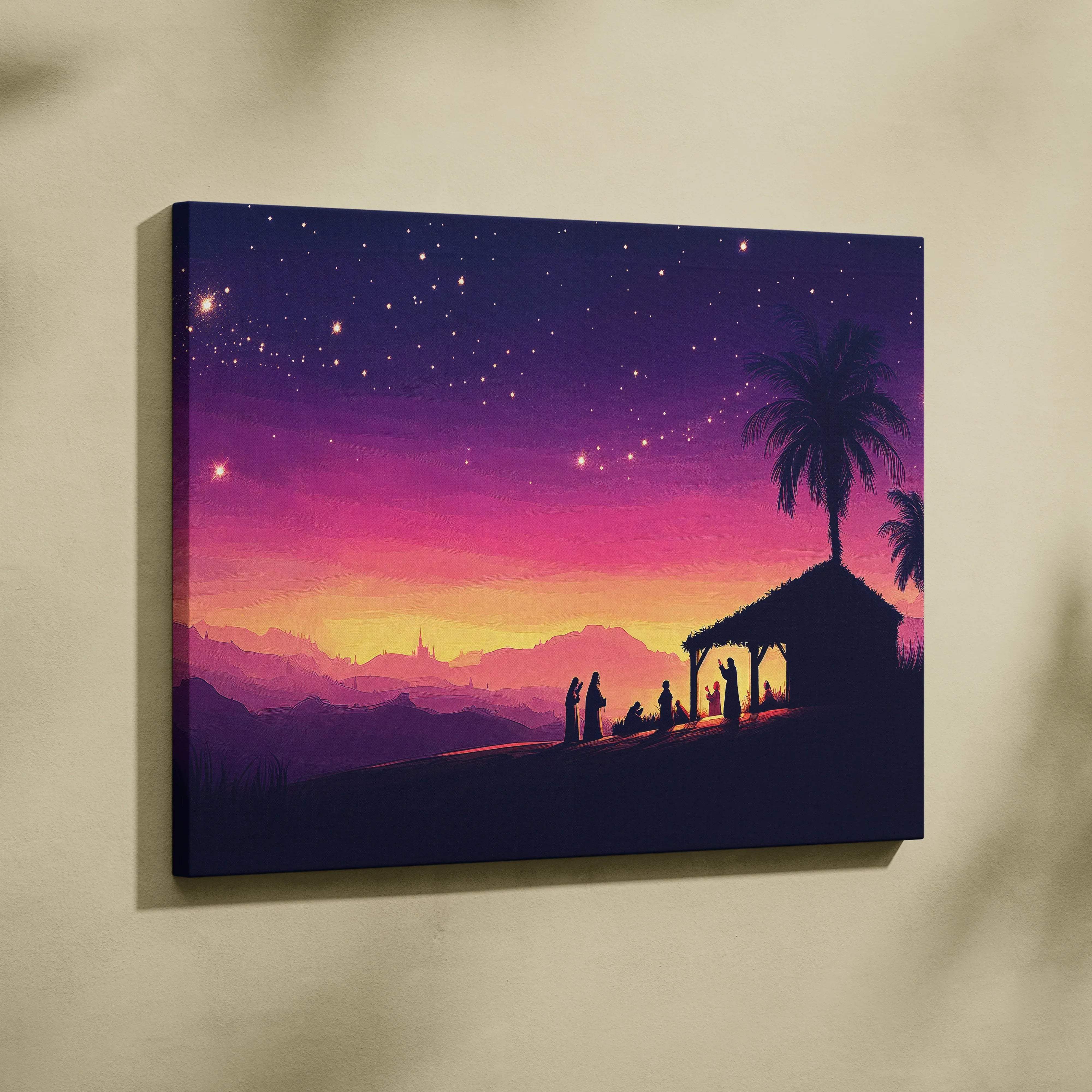 Nativity silhouette canvas wall art with starry purple pink sunset sky