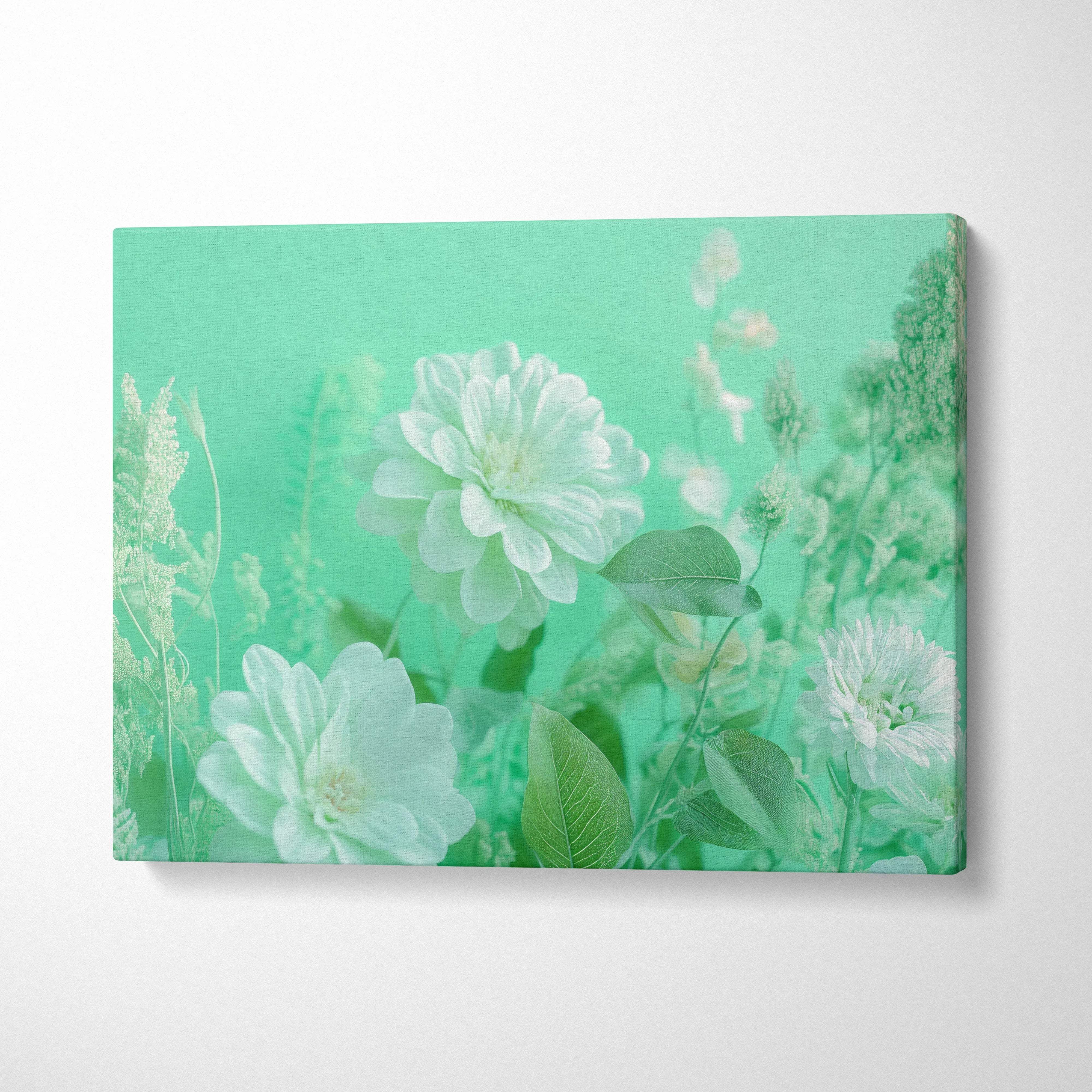 Soft white flowers and airy greenery on mint green canvas wall art