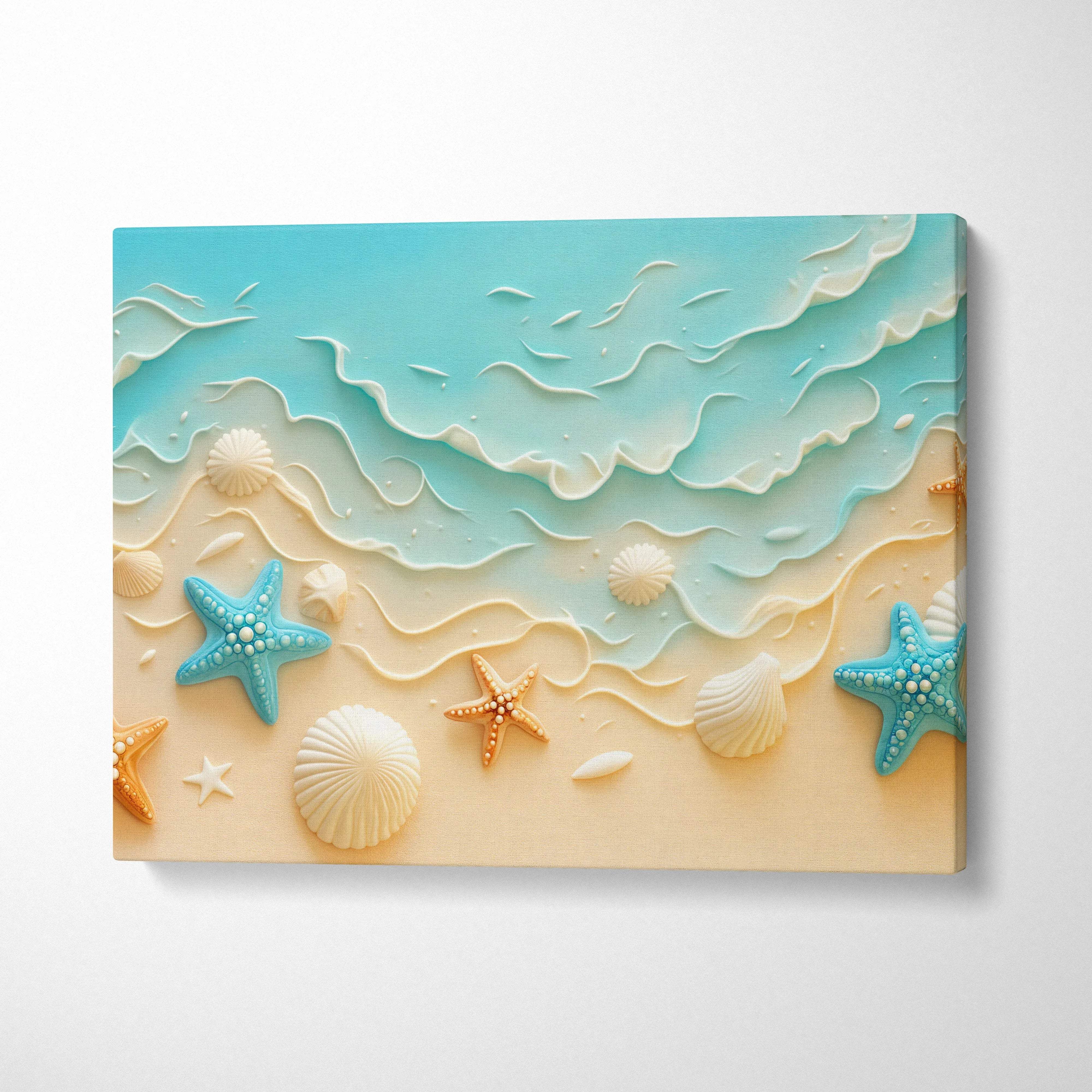 Beige turquoise 3D beach canvas art with textured waves starfish shells