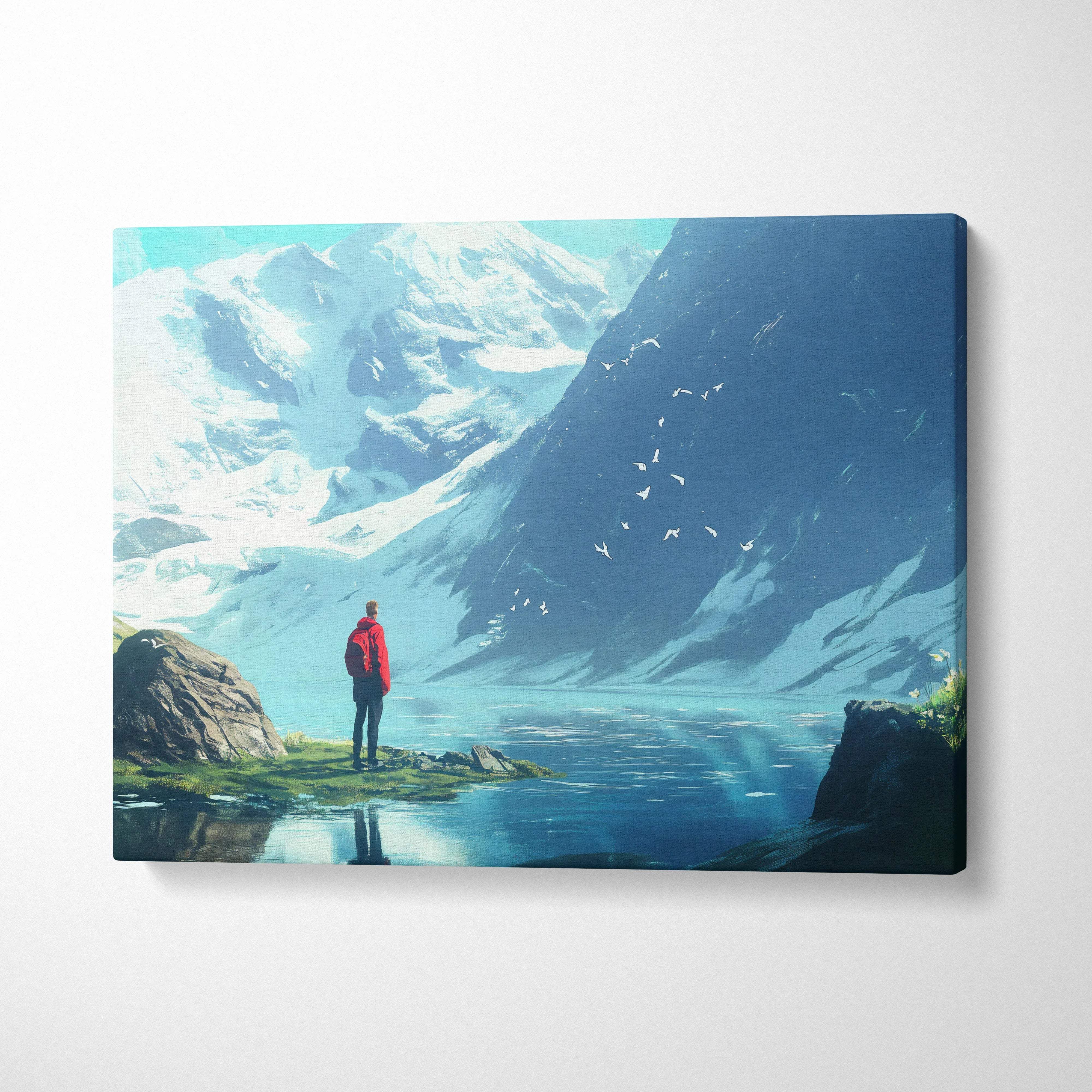 Lone hiker in red jacket by alpine lake under snowy peaks with birds canvas art