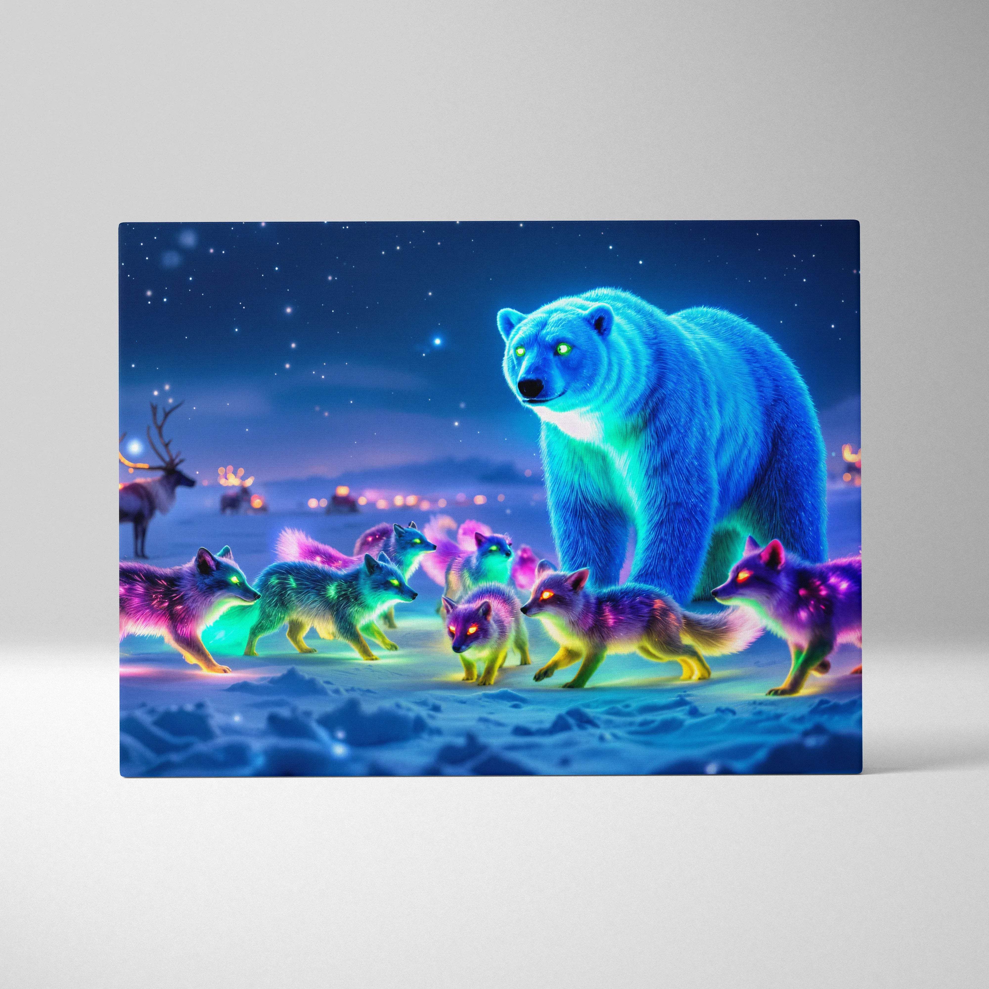 Glowing blue polar bear leads neon foxes under starry winter night canvas