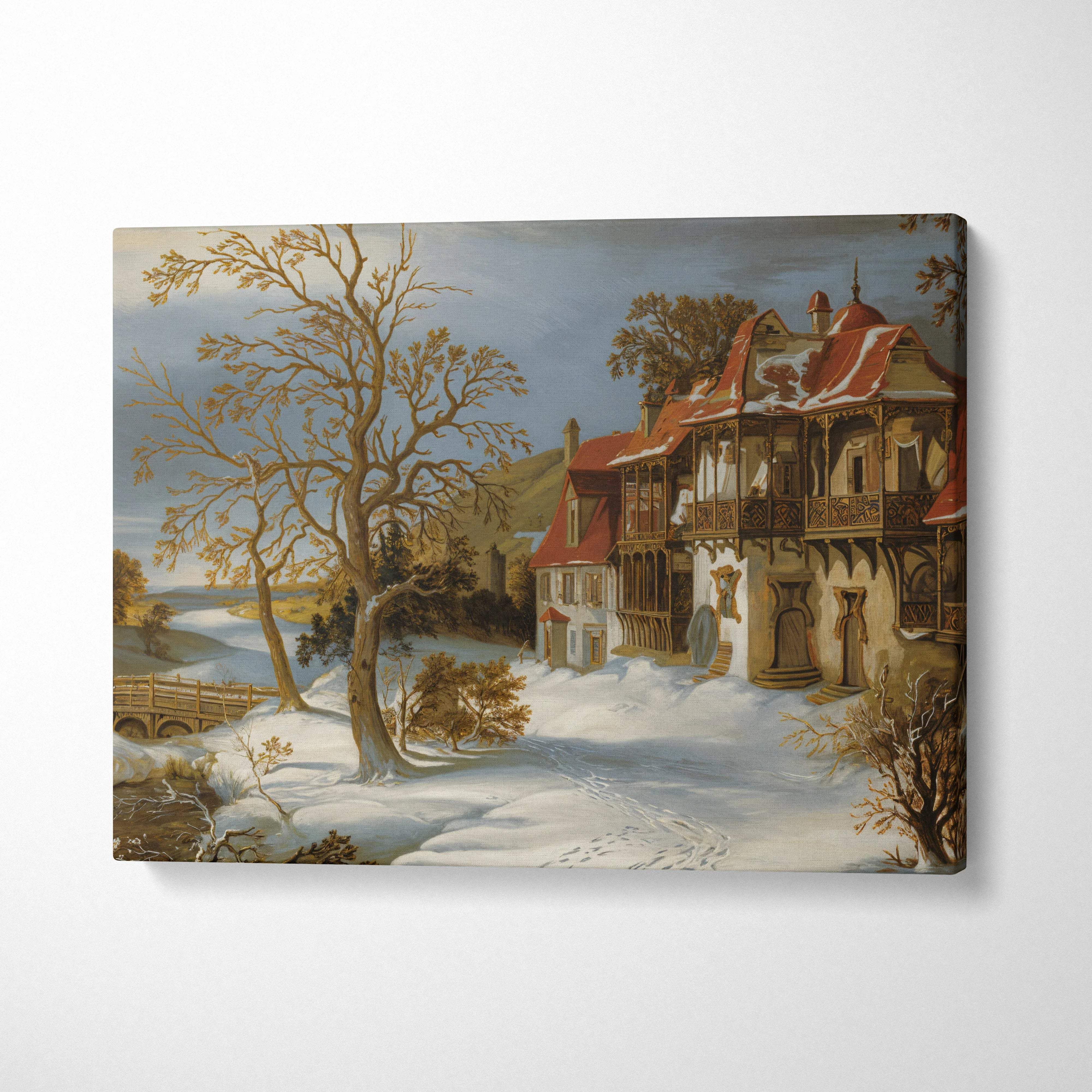 Snow-covered canvas print of winter manor by winding river