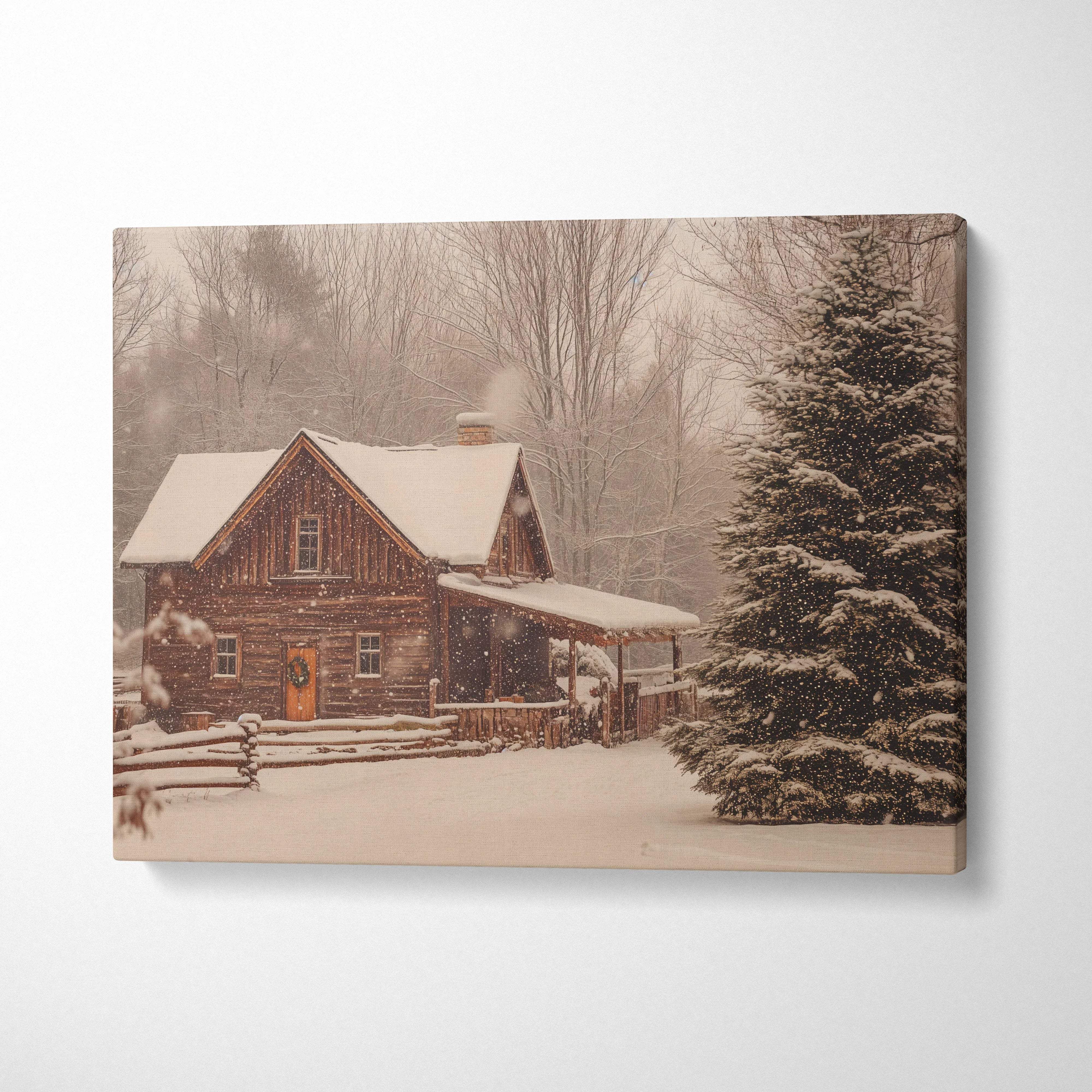 Cozy snowy log cabin with warm amber light in quiet winter forest canvas art