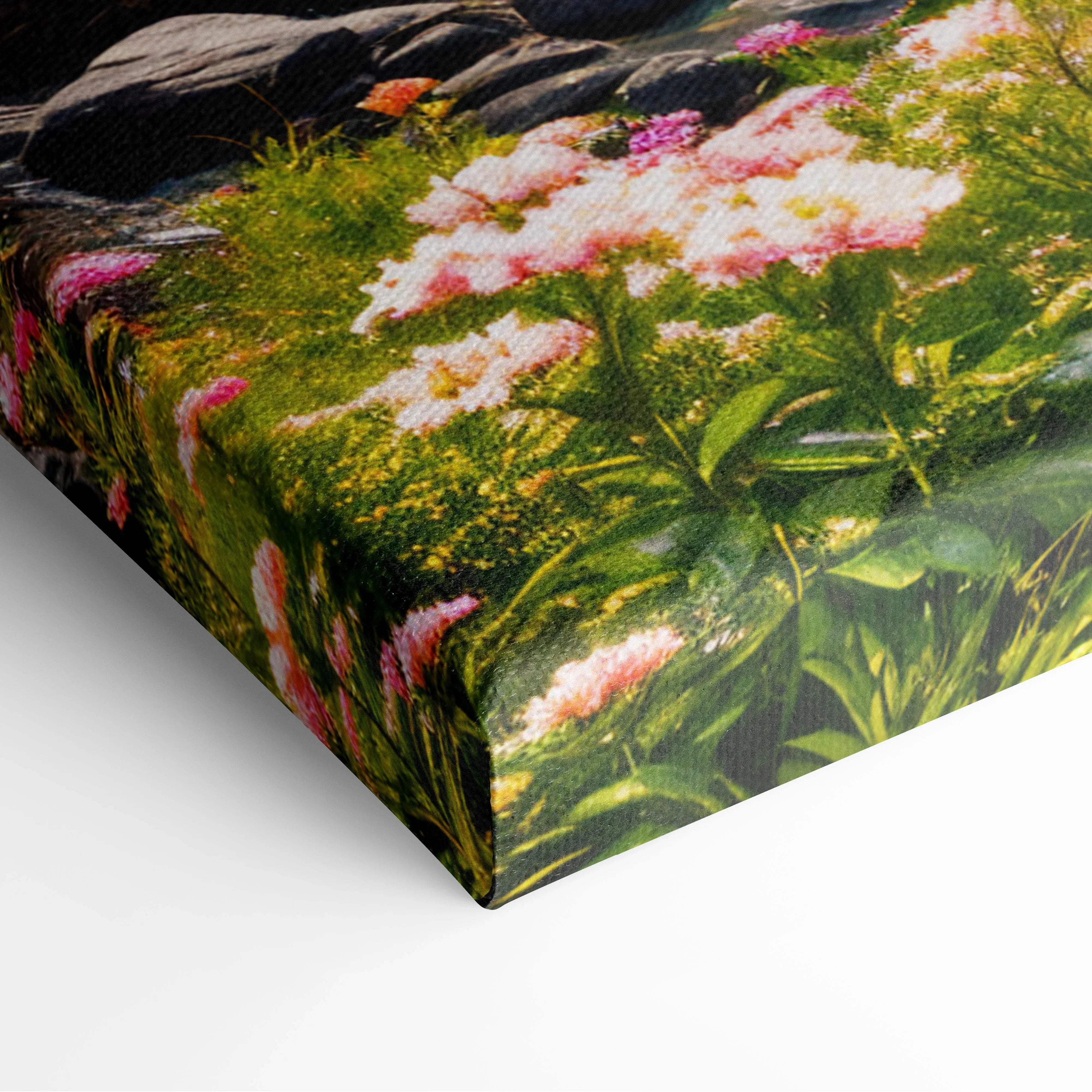 Vibrant pink white blossoms on green foliage with glowing sunset alpine peaks turquoise lake
