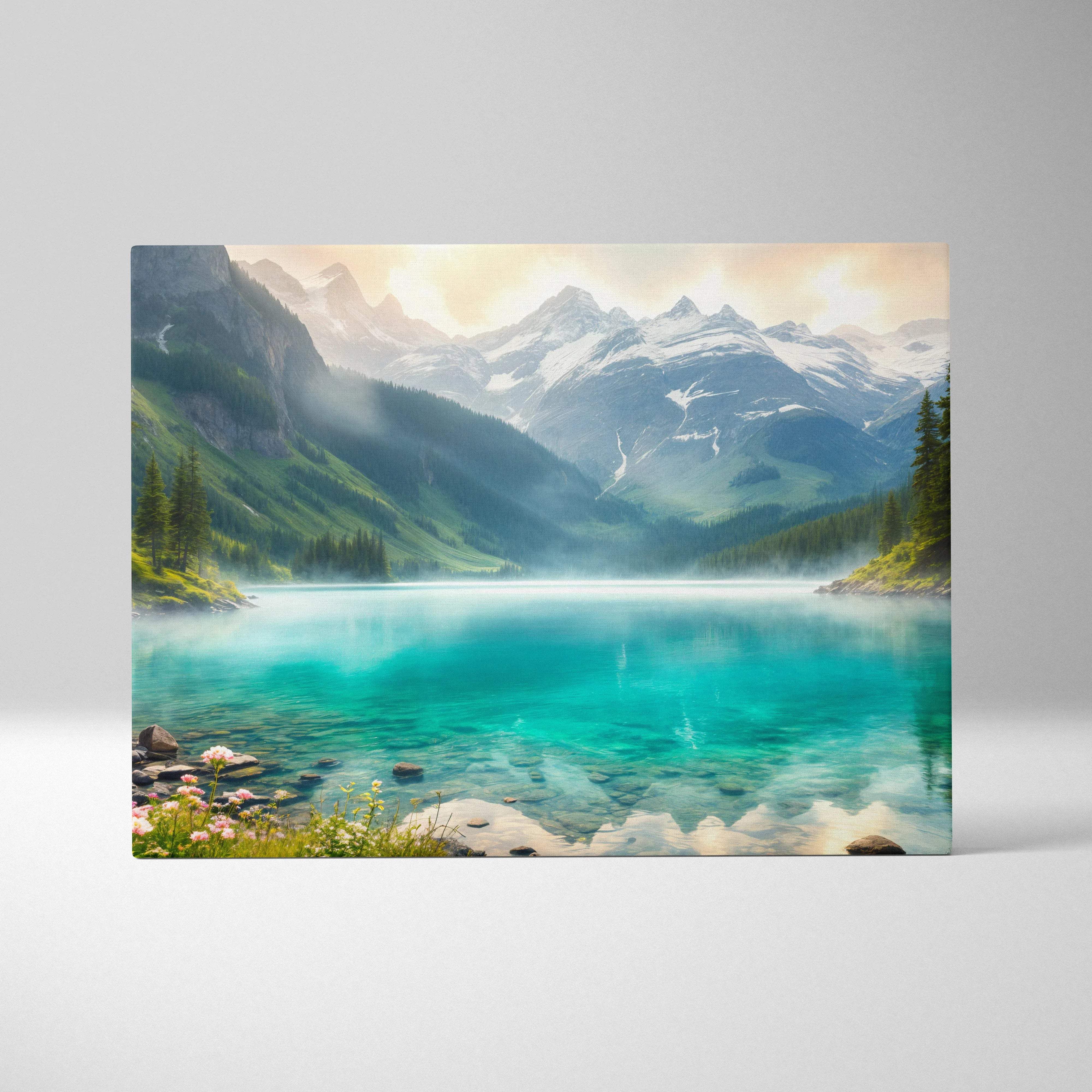 Glowing sunset alpine canvas print with turquoise lake and snowy peaks