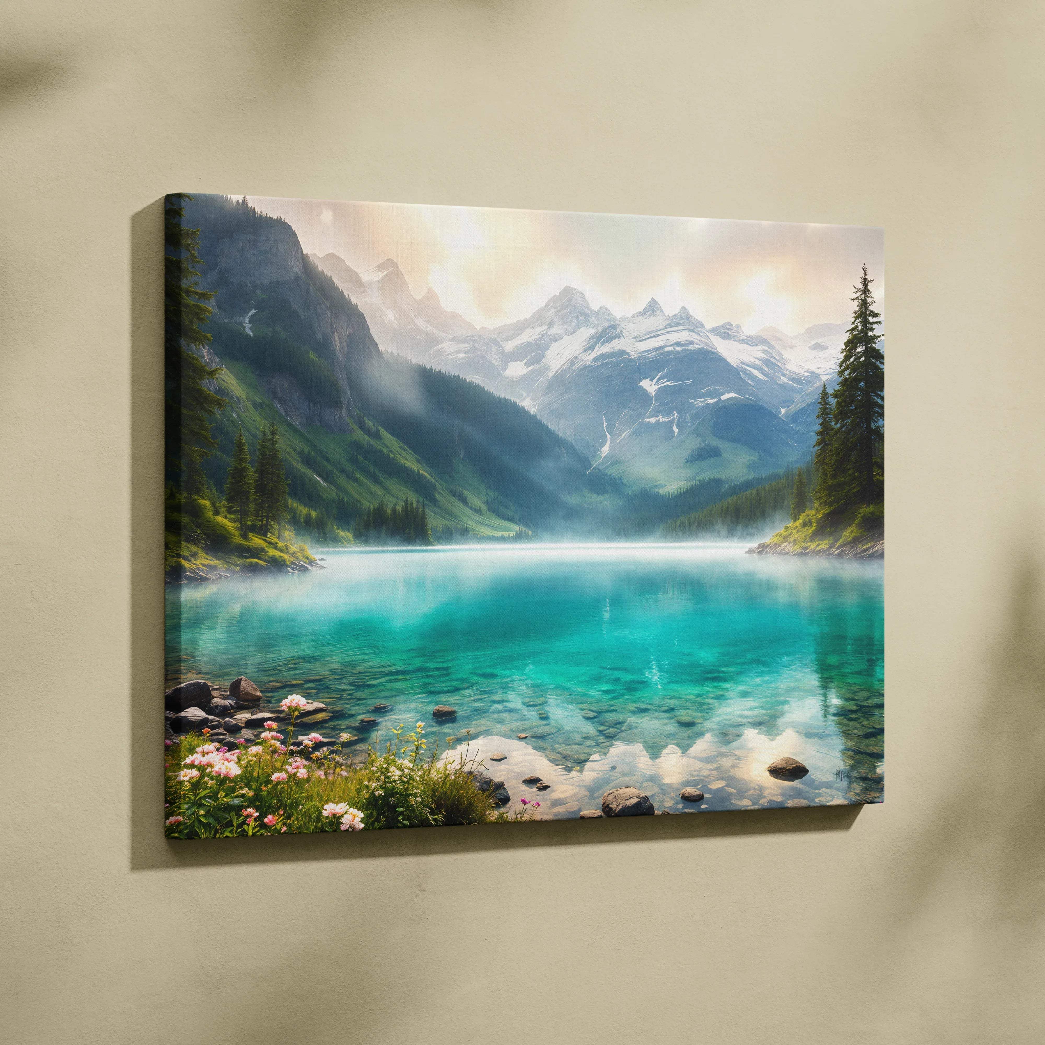 Glowing sunset alpine canvas wall art with turquoise lake and snowy peaks