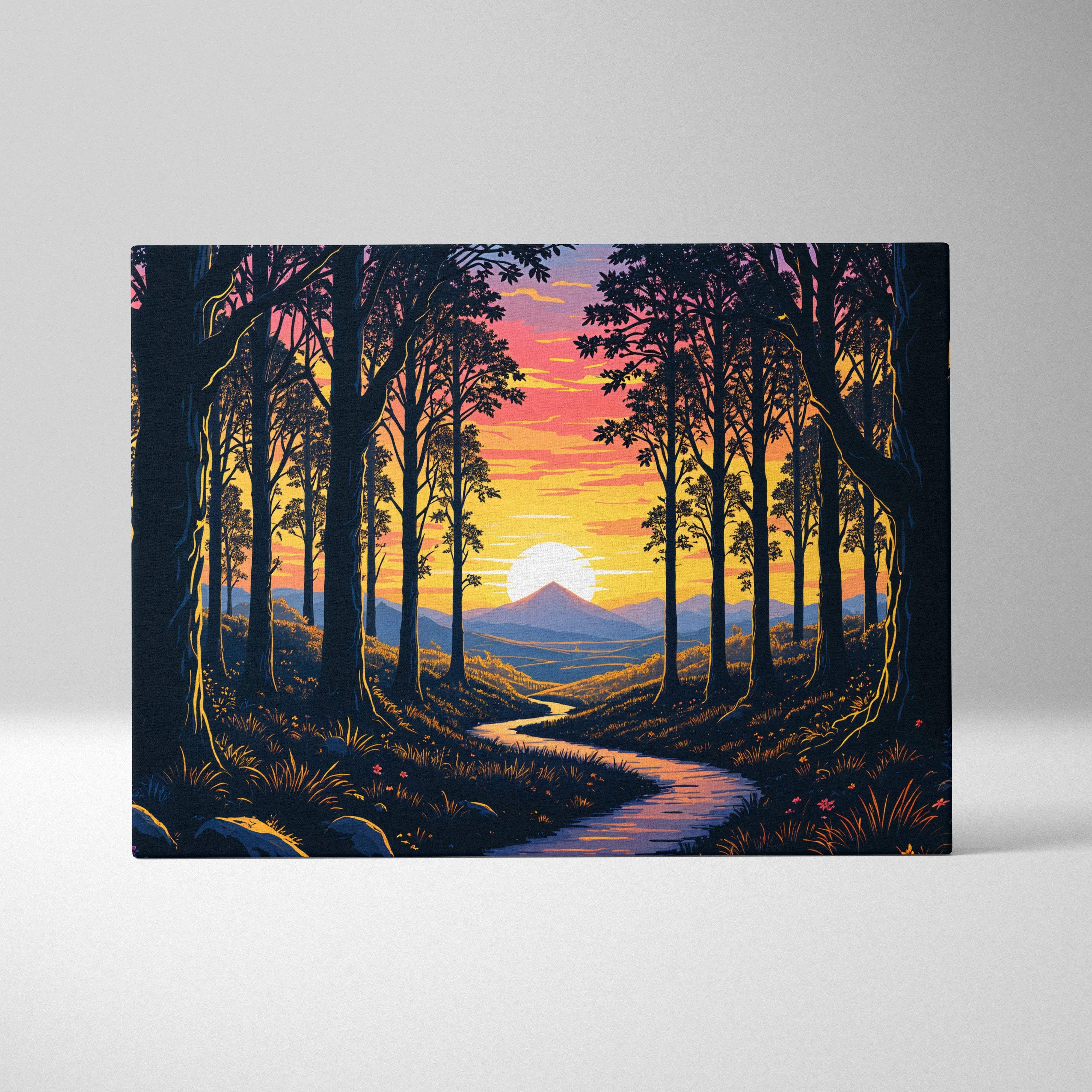 Glowing sunset forest path with distant mountains canvas wall art