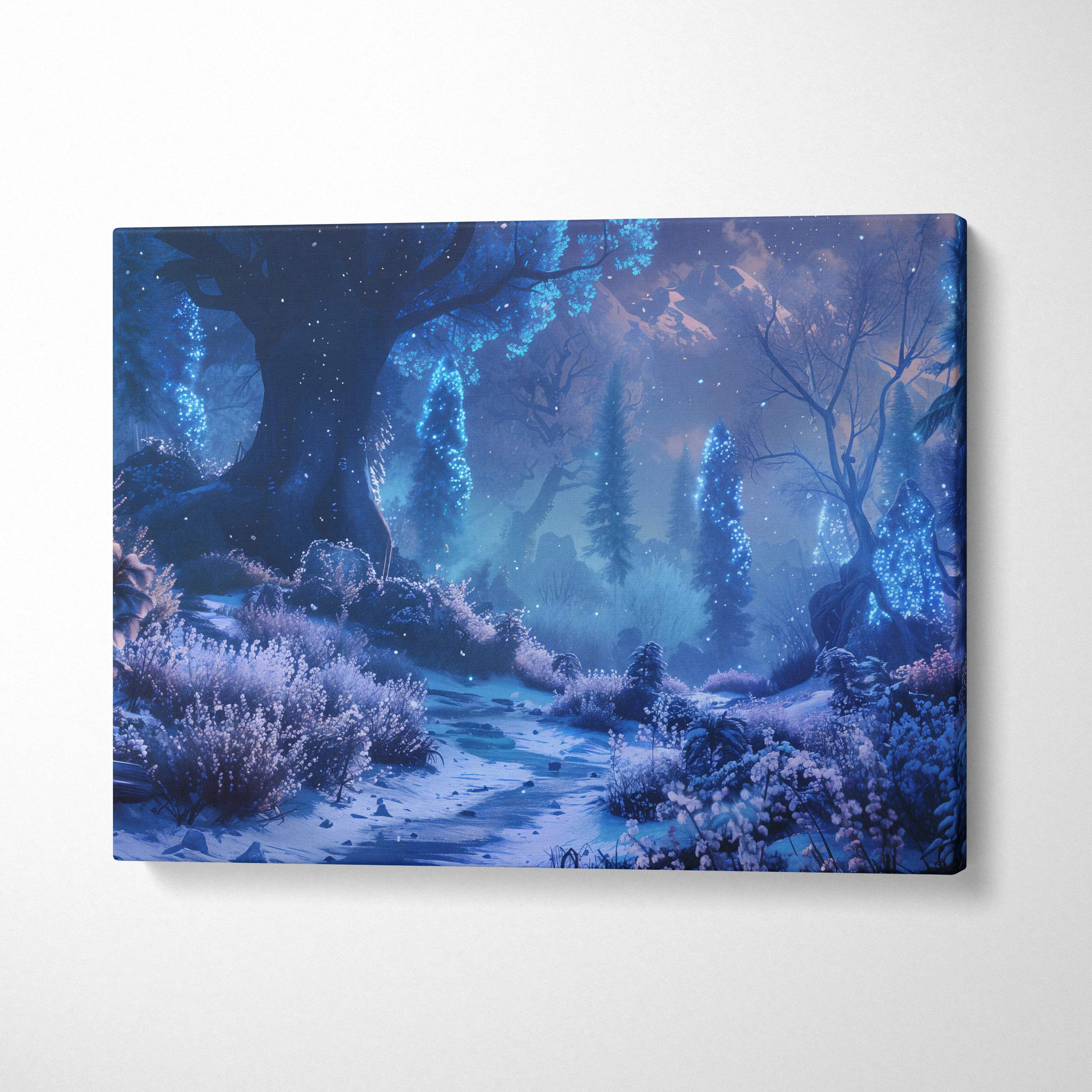 Visionary blue night forest canvas wall art with glowing trees and snowlit path